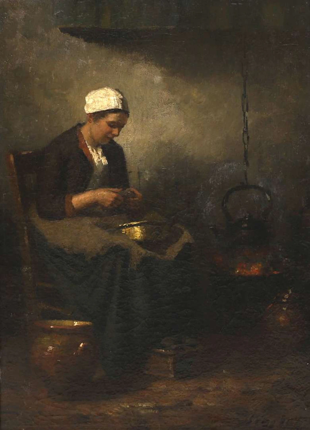 Johannes Weiland (1856–1909), Interior with a Woman Peeling Potatoes