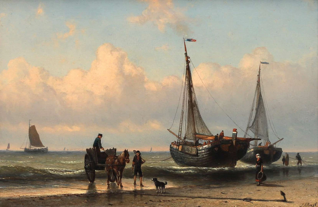 Johan Adolph Rust (1828–1915), Dutch beach scene with activity along