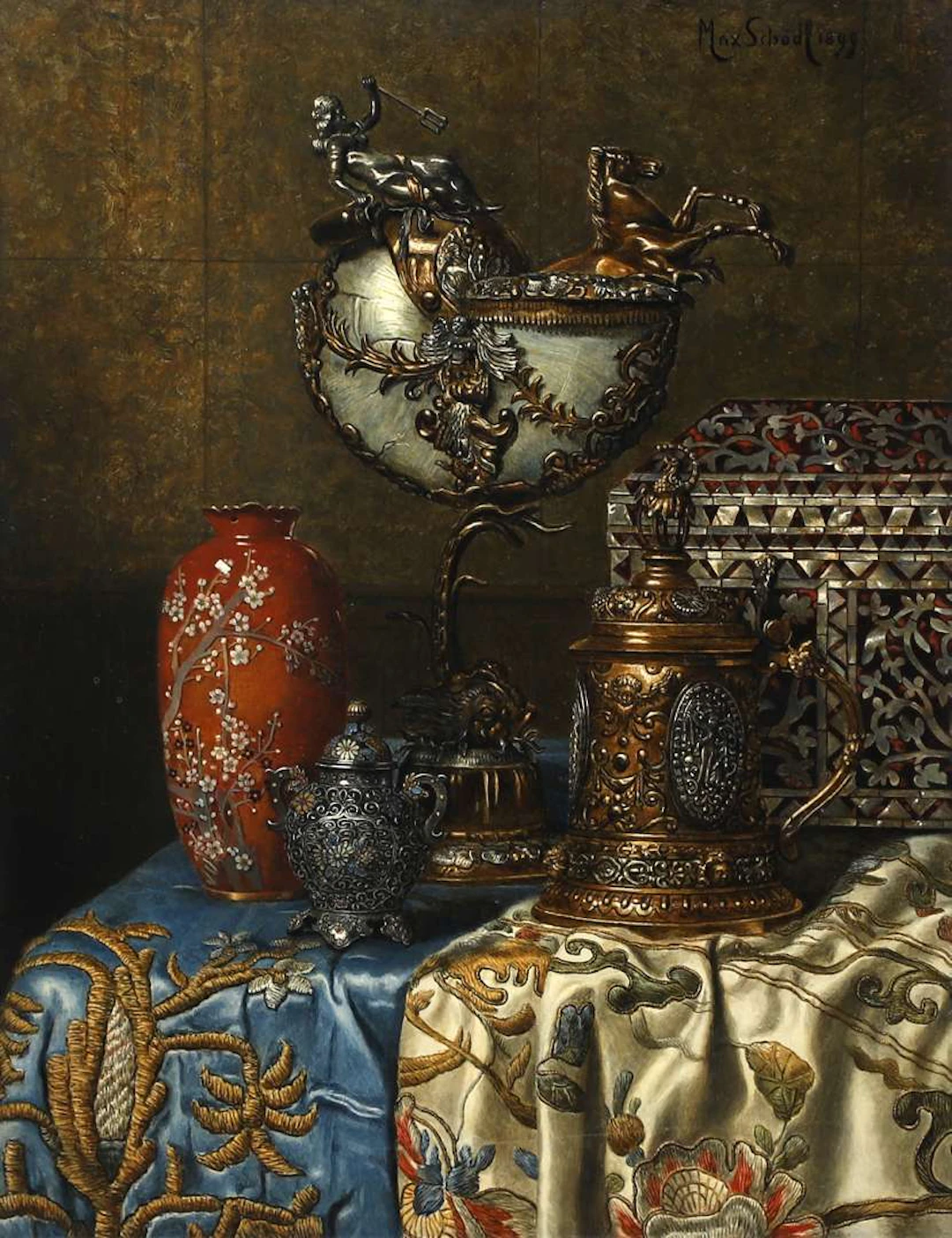 Max Schödl (1834–1921), Still Life with a Japanese Vase and a Nautilus Cup