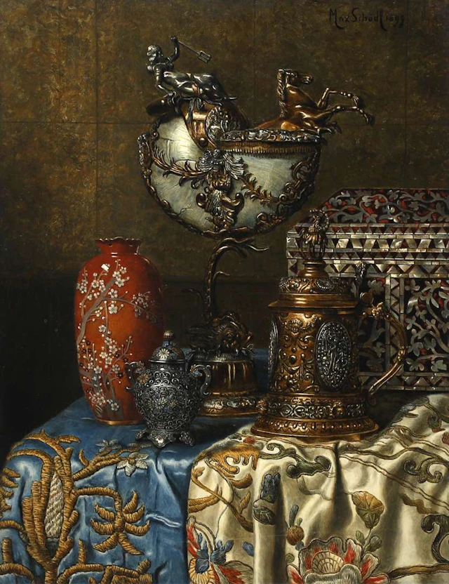 Max Schödl (1834–1921), Still Life with a Japanese Vase and a Nautilus Cup