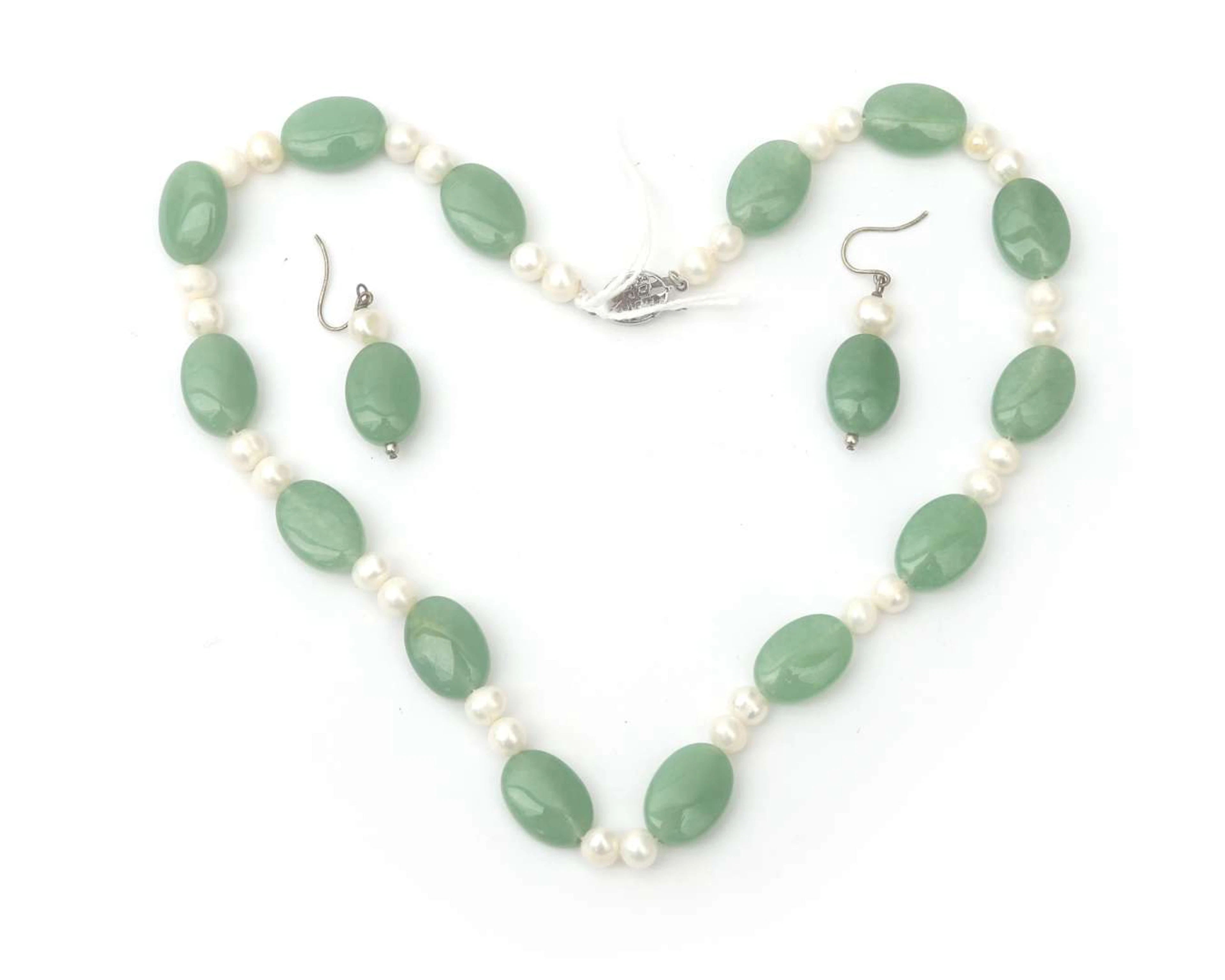 A set consisting of a necklace and earrings of amazonite and pearl, 1950s-60s