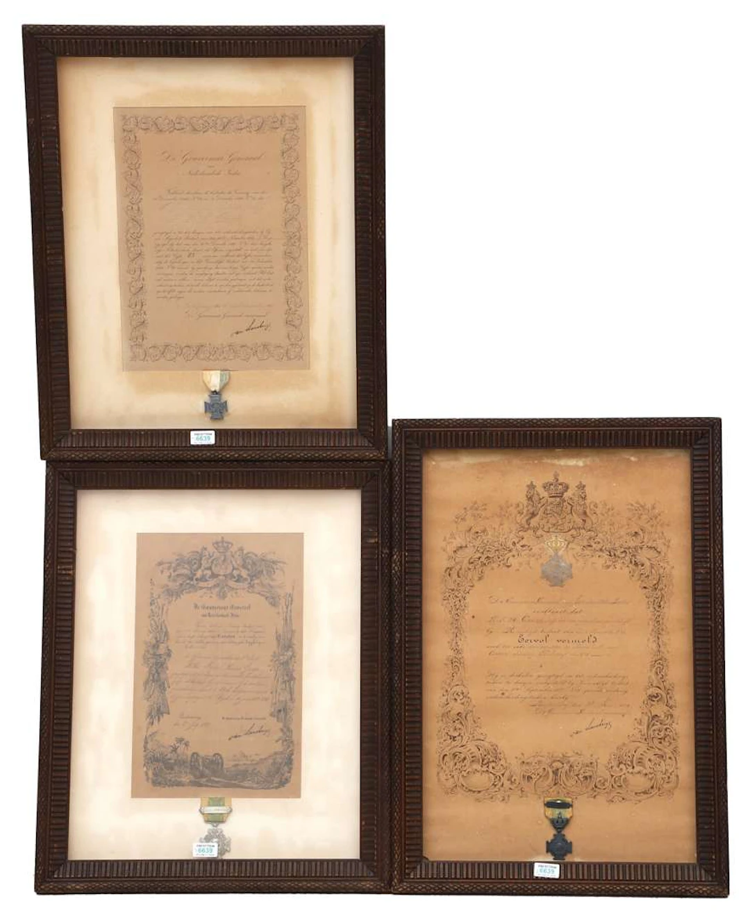 Three framed certificates with medals, the Dutch East Indies, 19th century