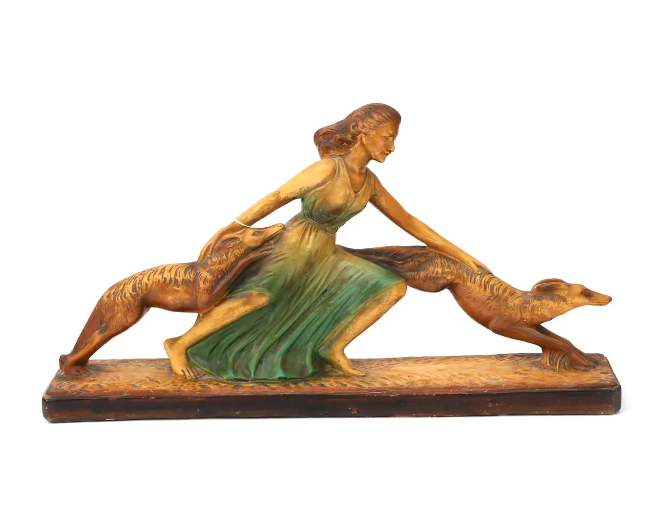 An Art Deco-style sculpture of a woman with greyhounds, 20th century