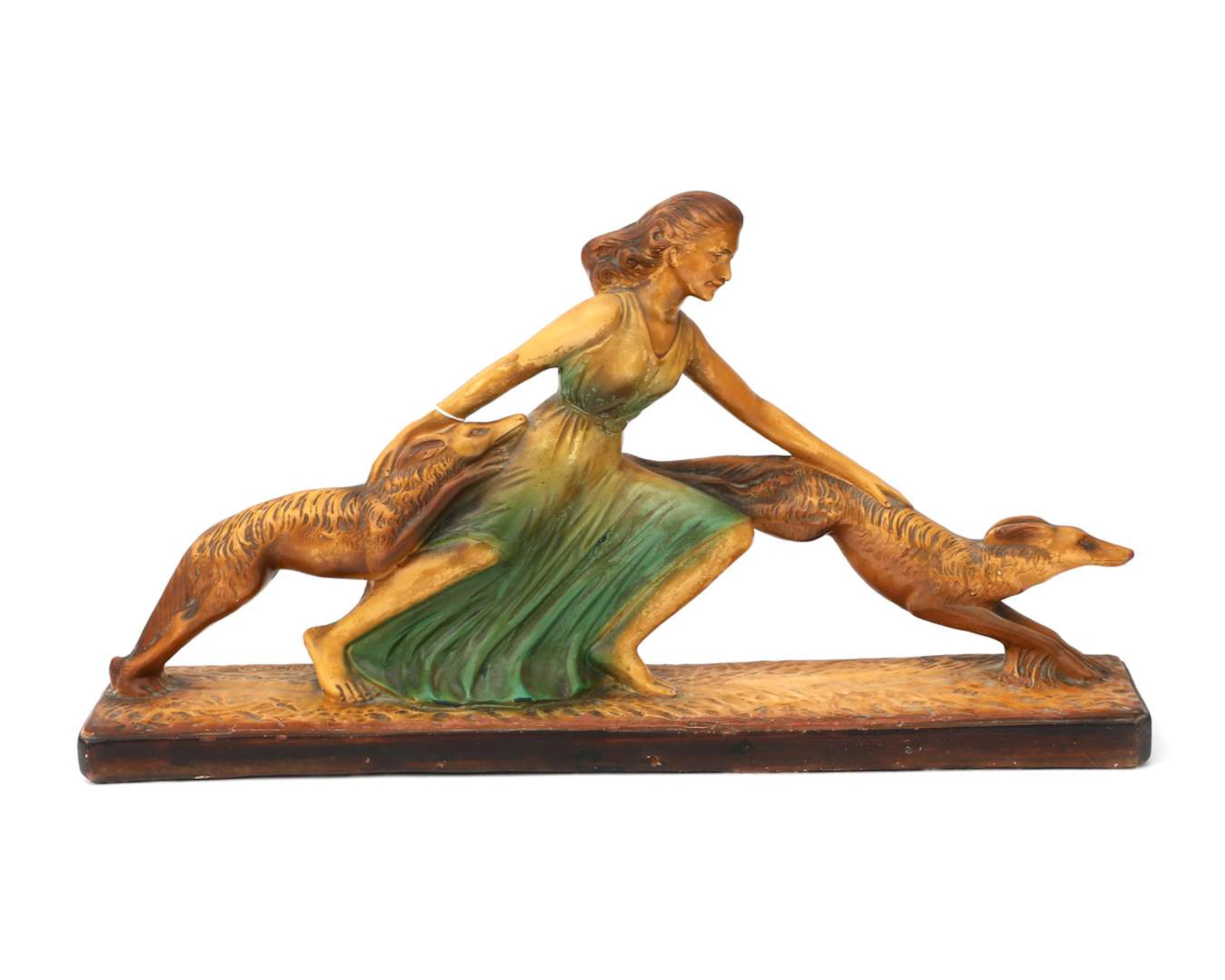 An Art Deco-style sculpture of a woman with greyhounds, 20th century