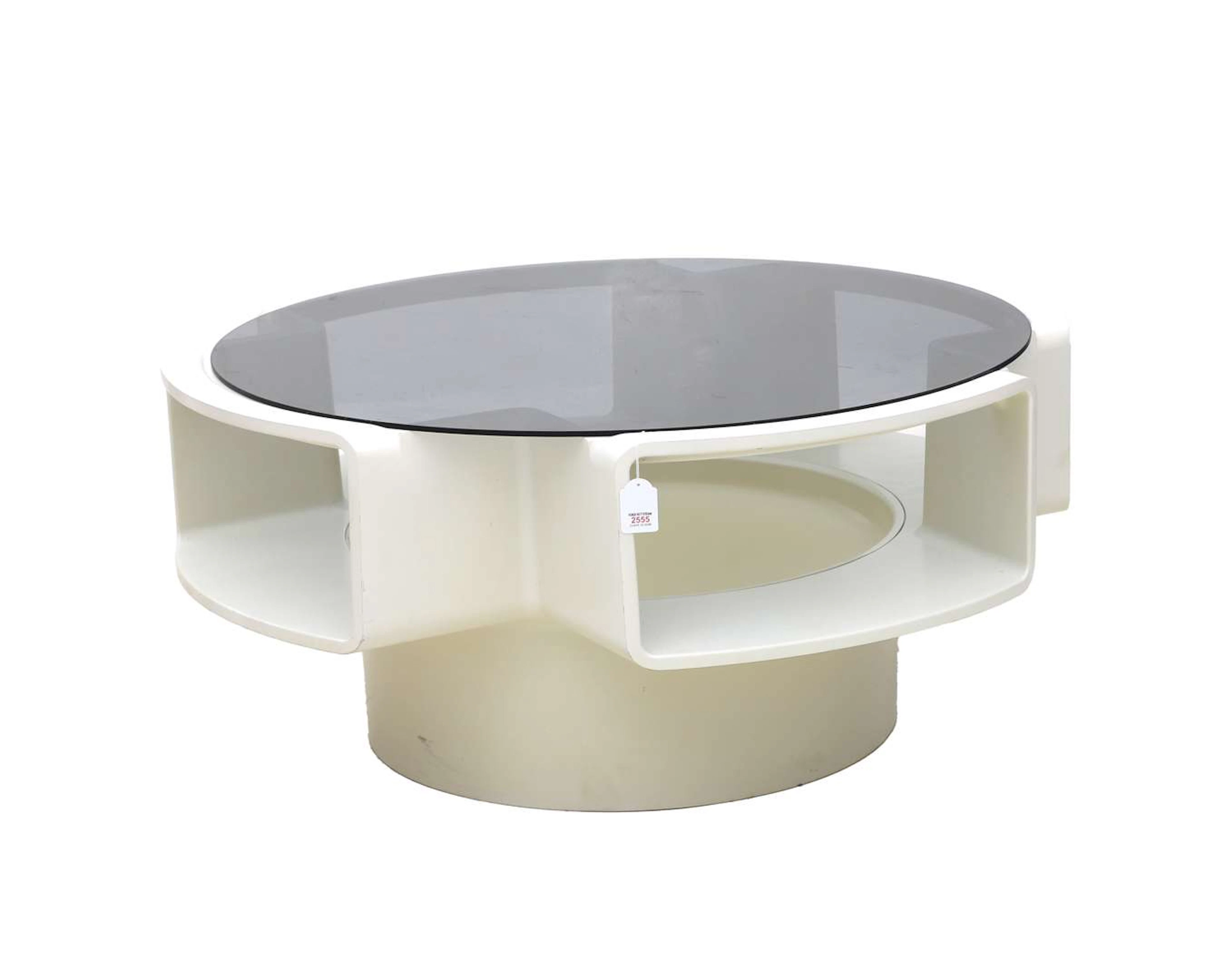 A white plastic coffee table with a smoked-glass tabletop, Curver