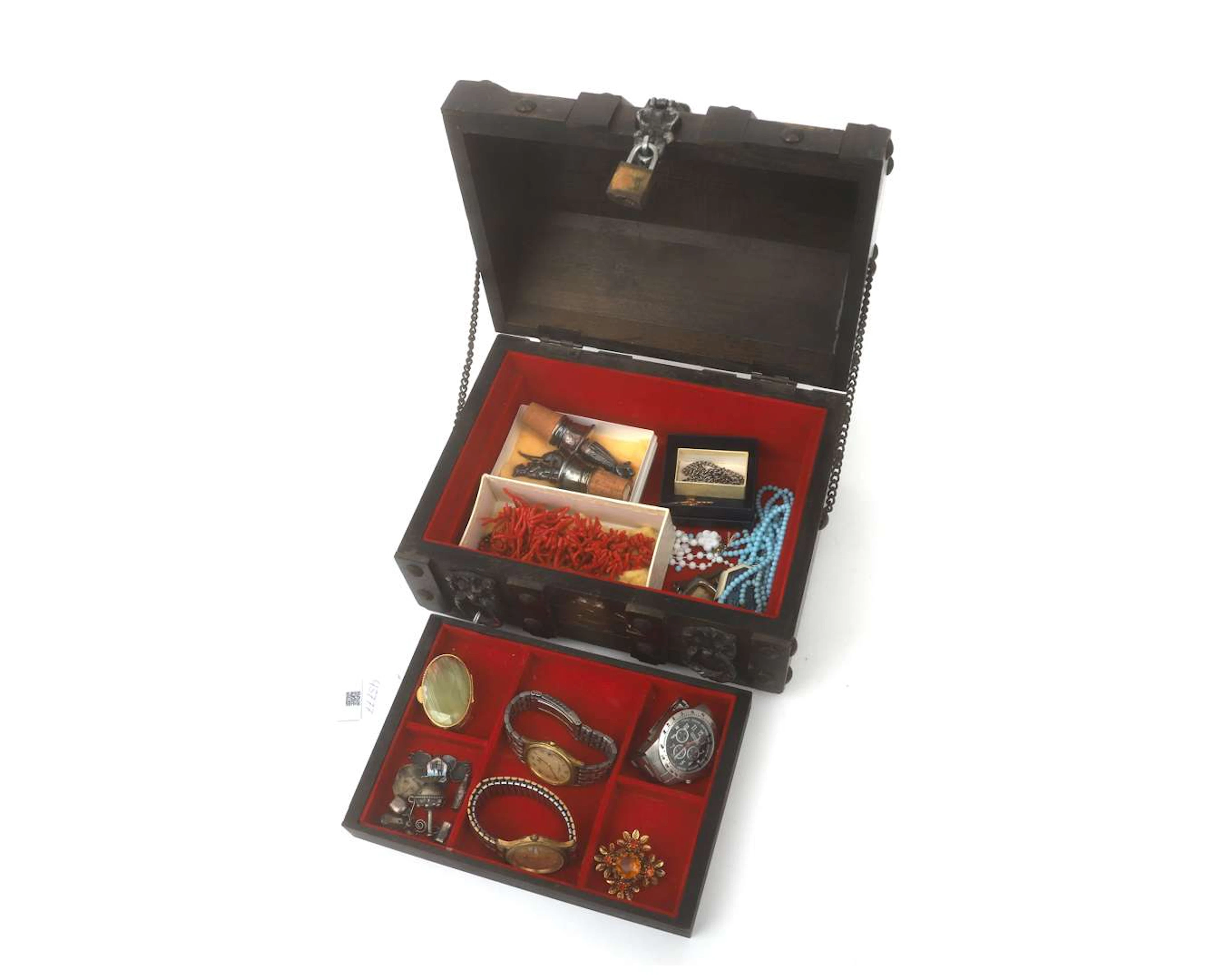 Wooden box with various bijoux, watches, blood coral and silver pendants