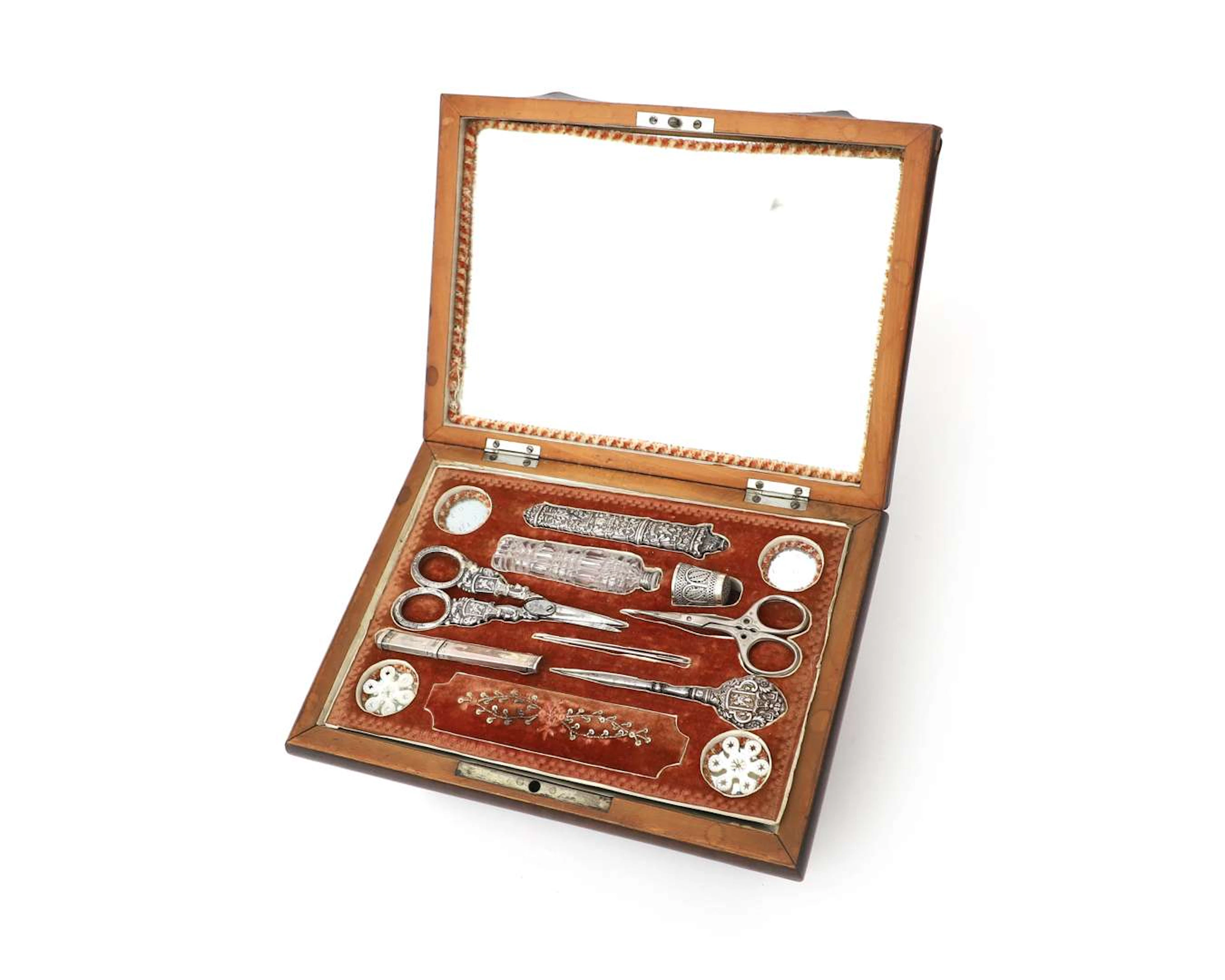 A sewing box/jewelry box with silver sewing utensils, France , 1819-1838
