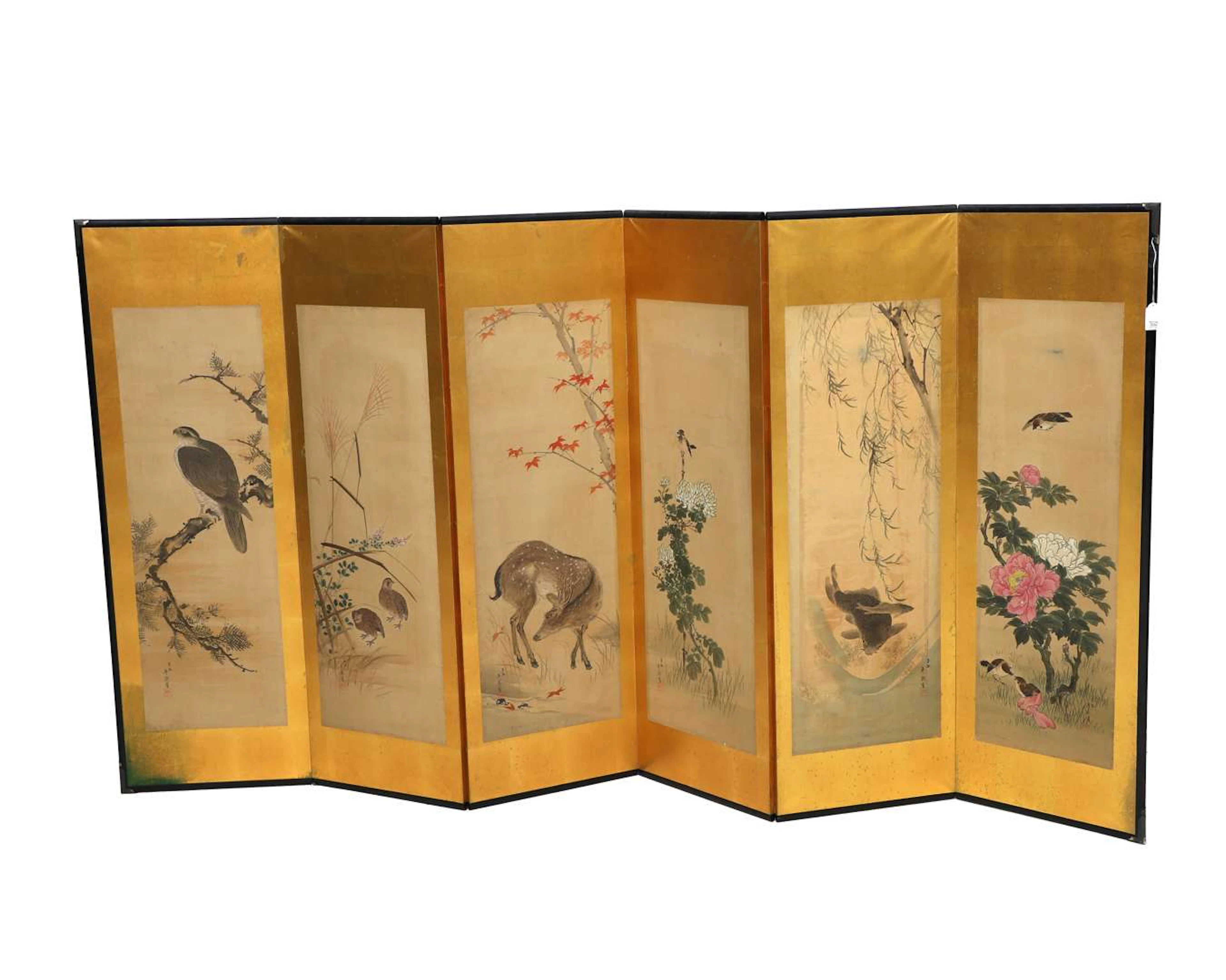 A six-panel folding screen featuring an ink drawing depicting the
