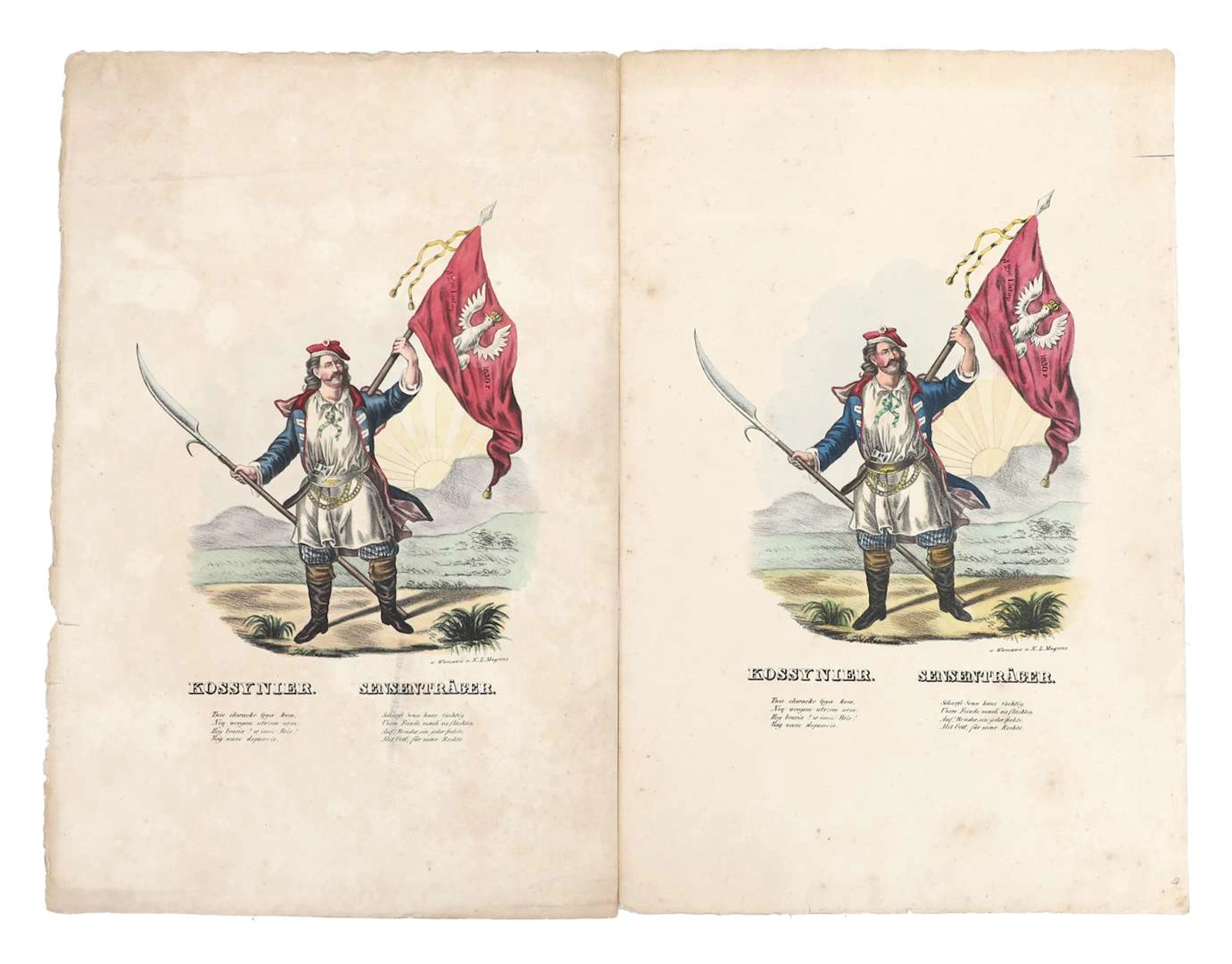 Two colour lithographs of a freedom fighter with a scythe, Poland