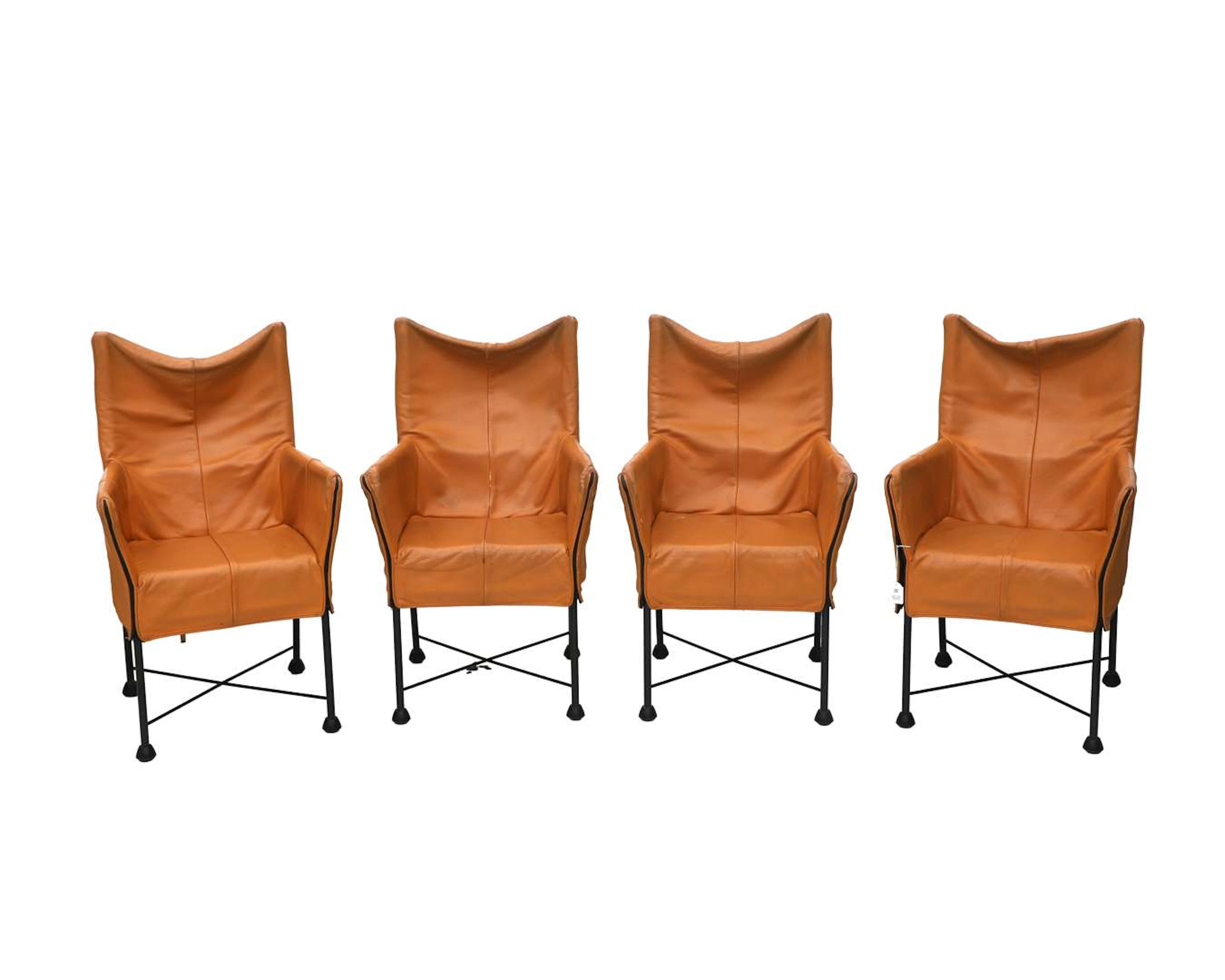 Set of four brown-yellow leather chairs, designed by Gerard van den
