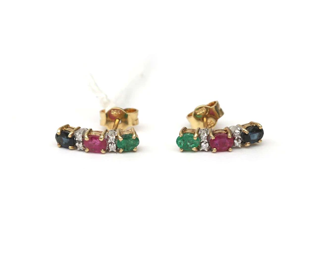 A pair of 14k yellow gold stud earrings set with rubies, sapphires