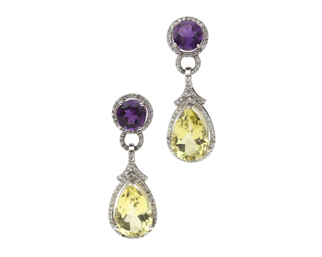 A pair of 14-carat white gold drop earrings set with amethyst, lemon