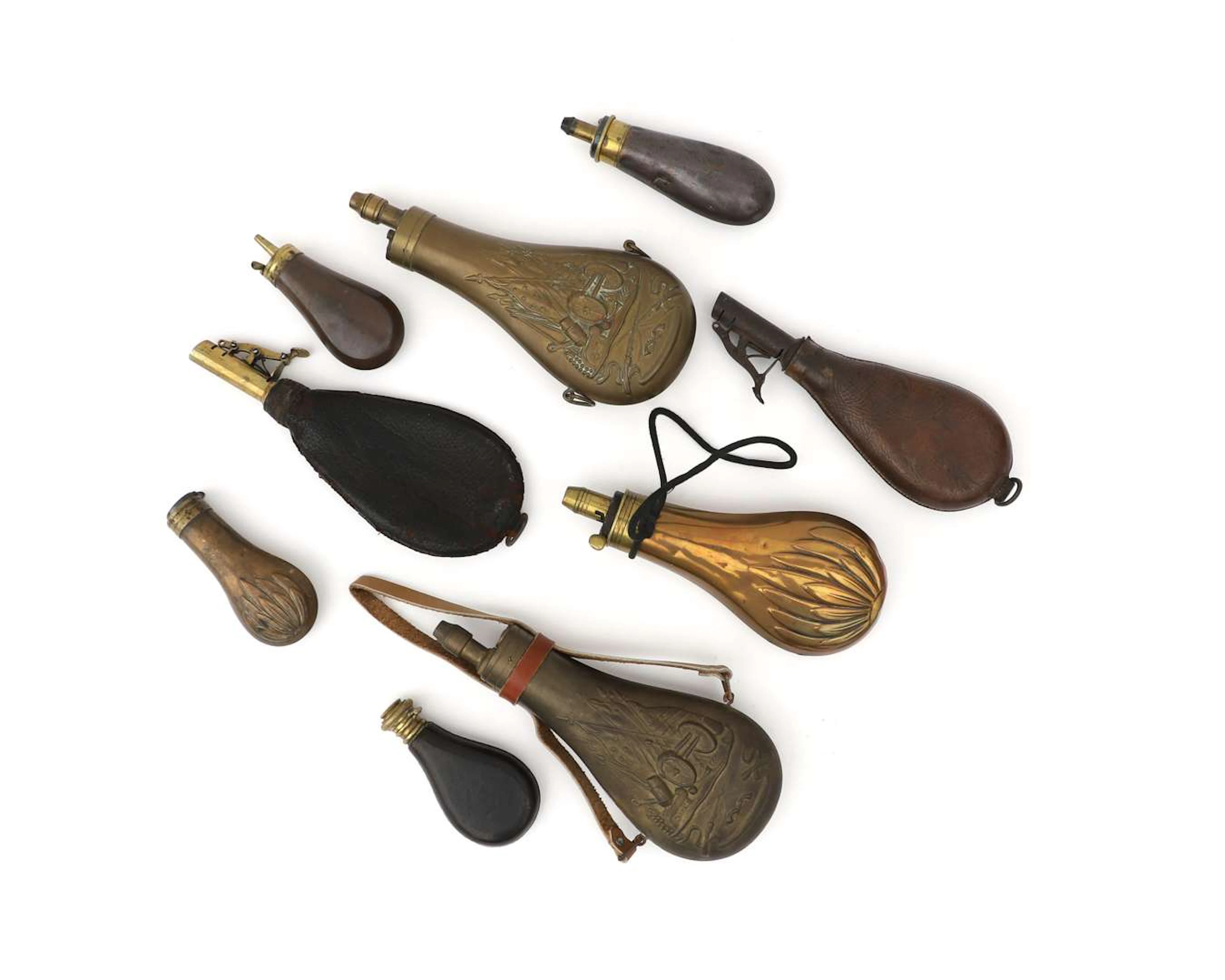 A lot comprising six spice bottles and two bags of shot, Europe, 19th century