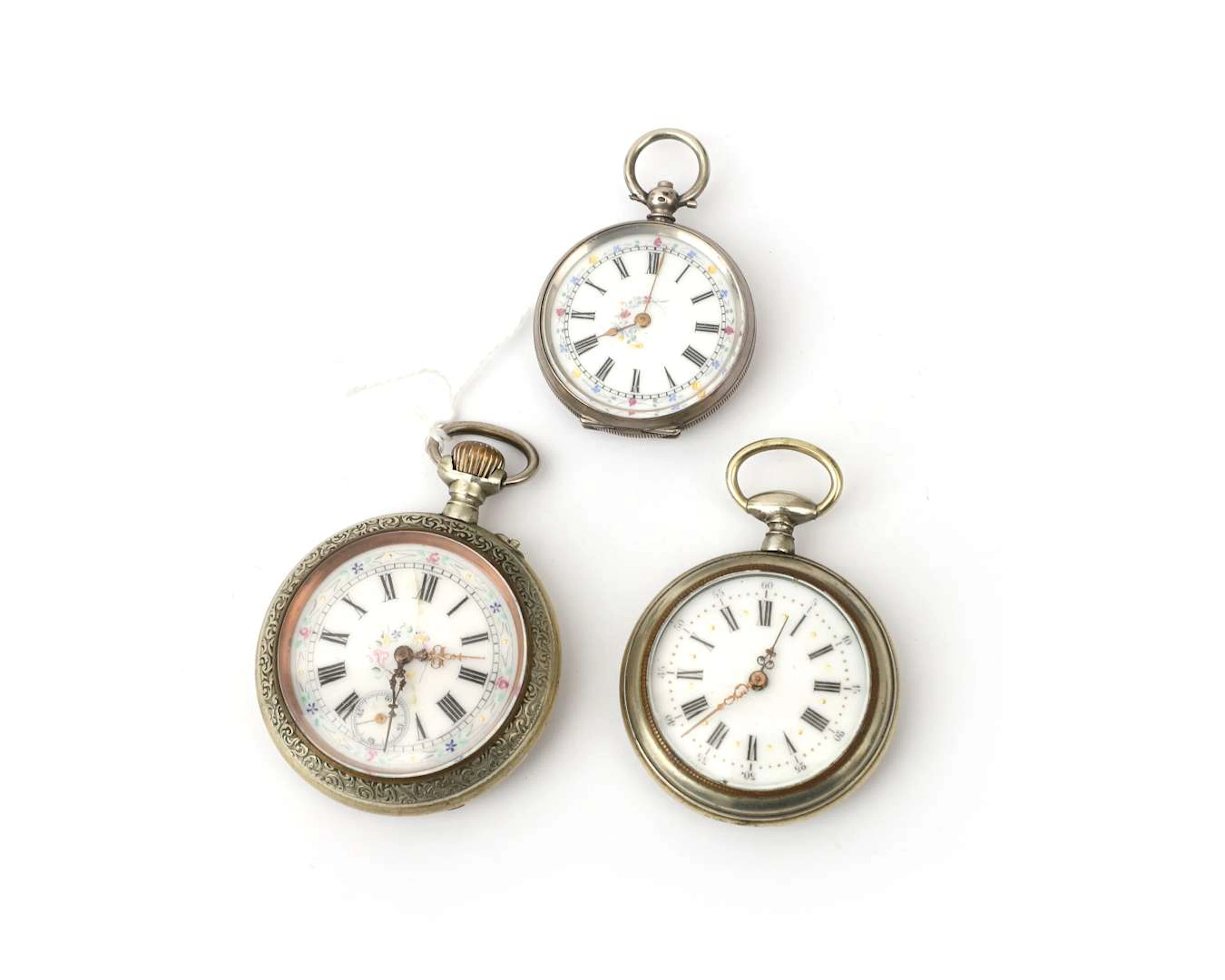 Three pocket watches, two of which have decorated enamel dials