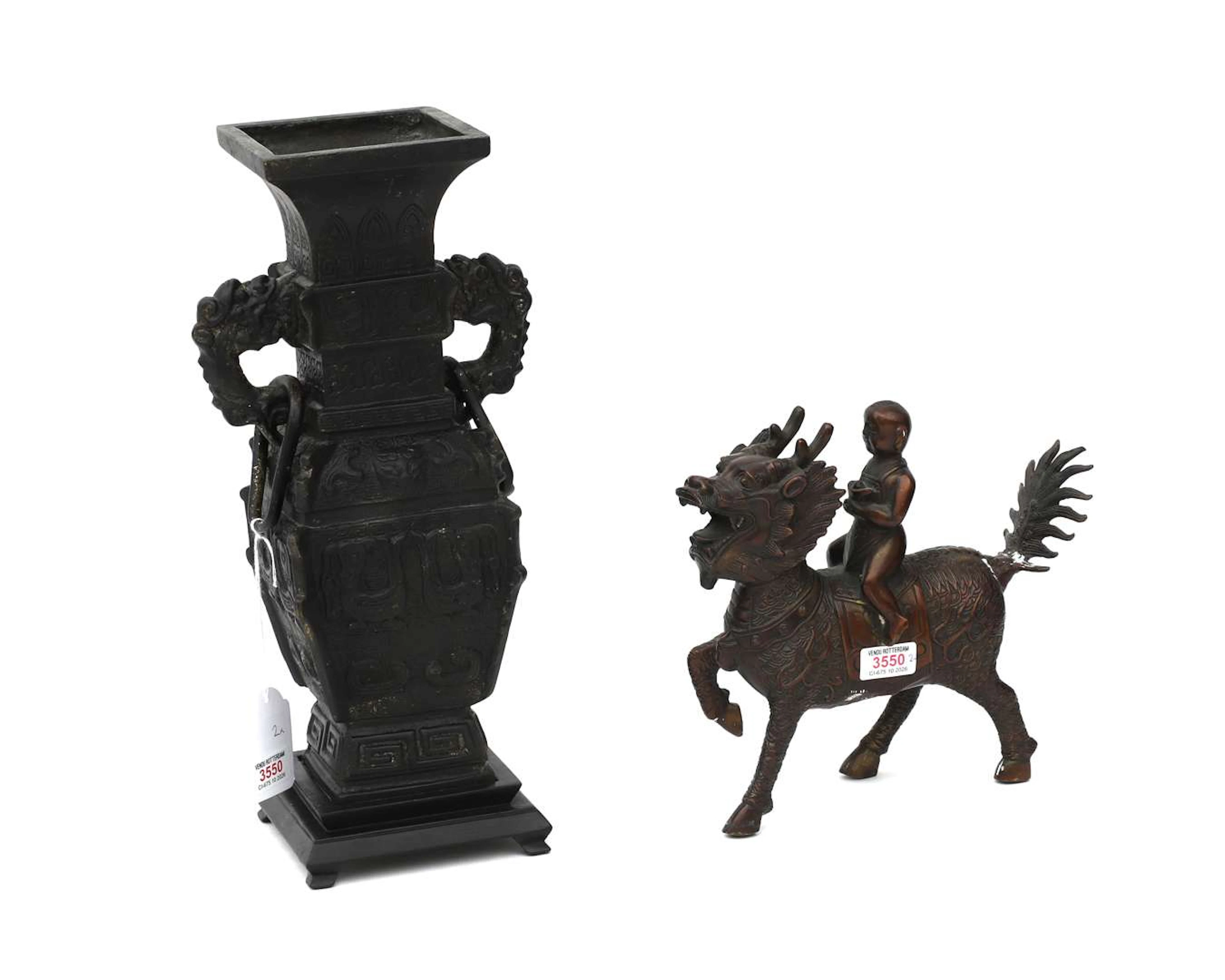 A bronze vase and a bronze statue. China, 20th century
