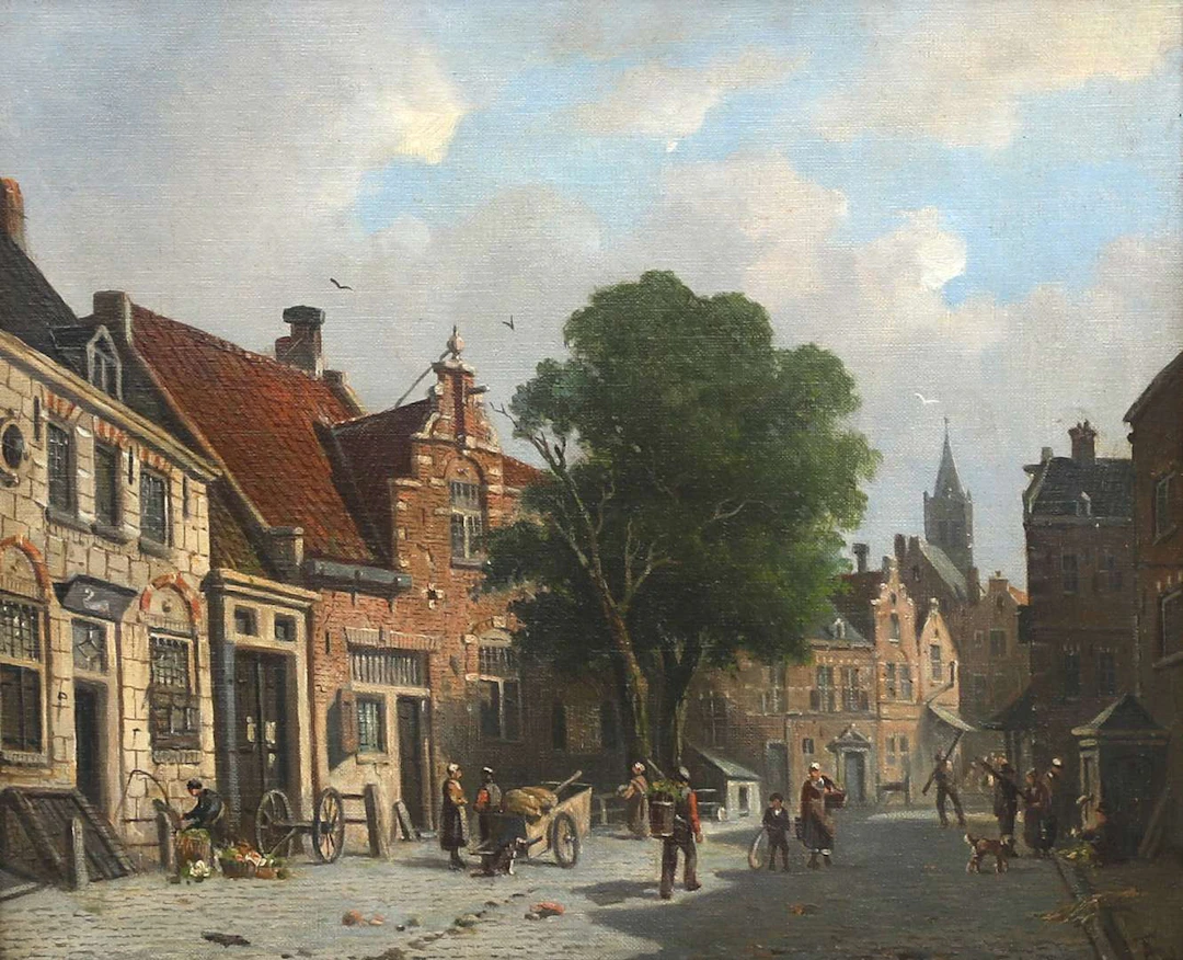 Adrianus Eversen (1818–1897), Dutch cityscape with figures