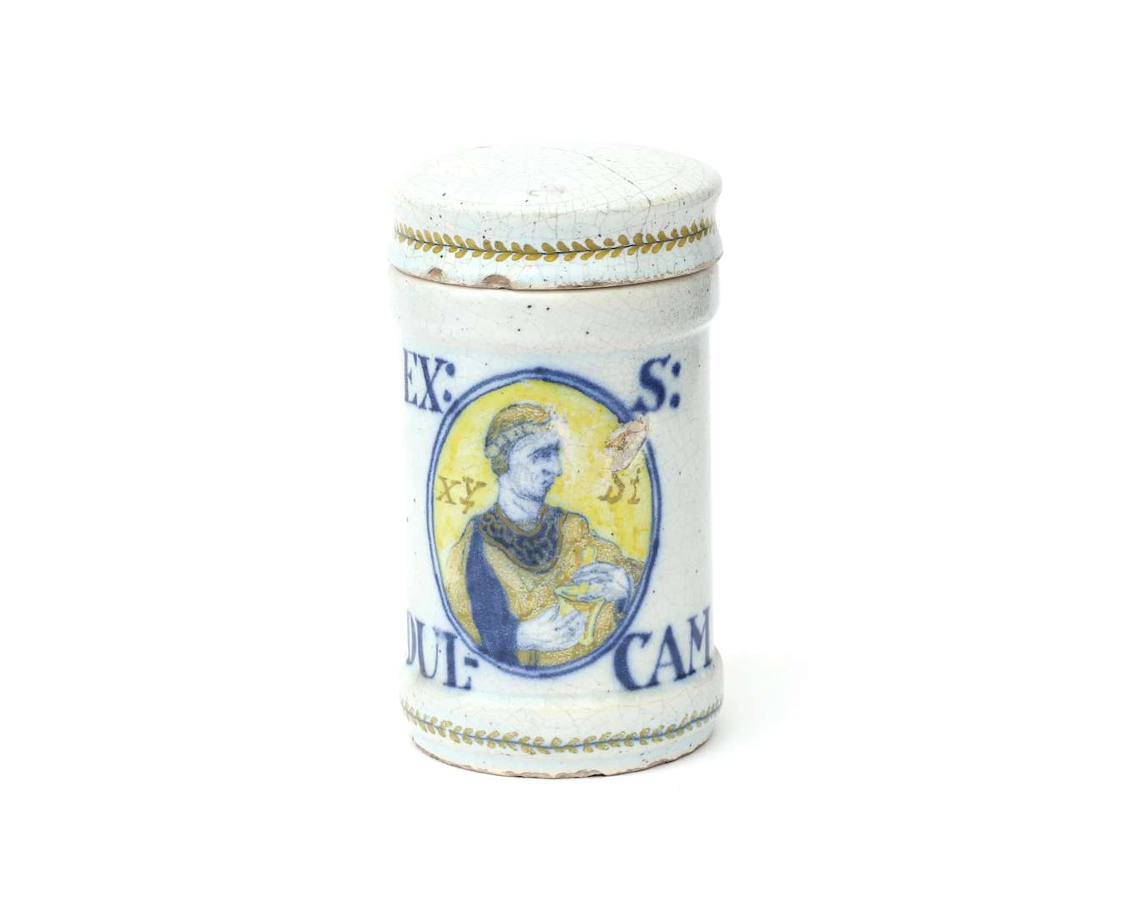 An earthenware albarello apothecary jar, Italy, 19th century