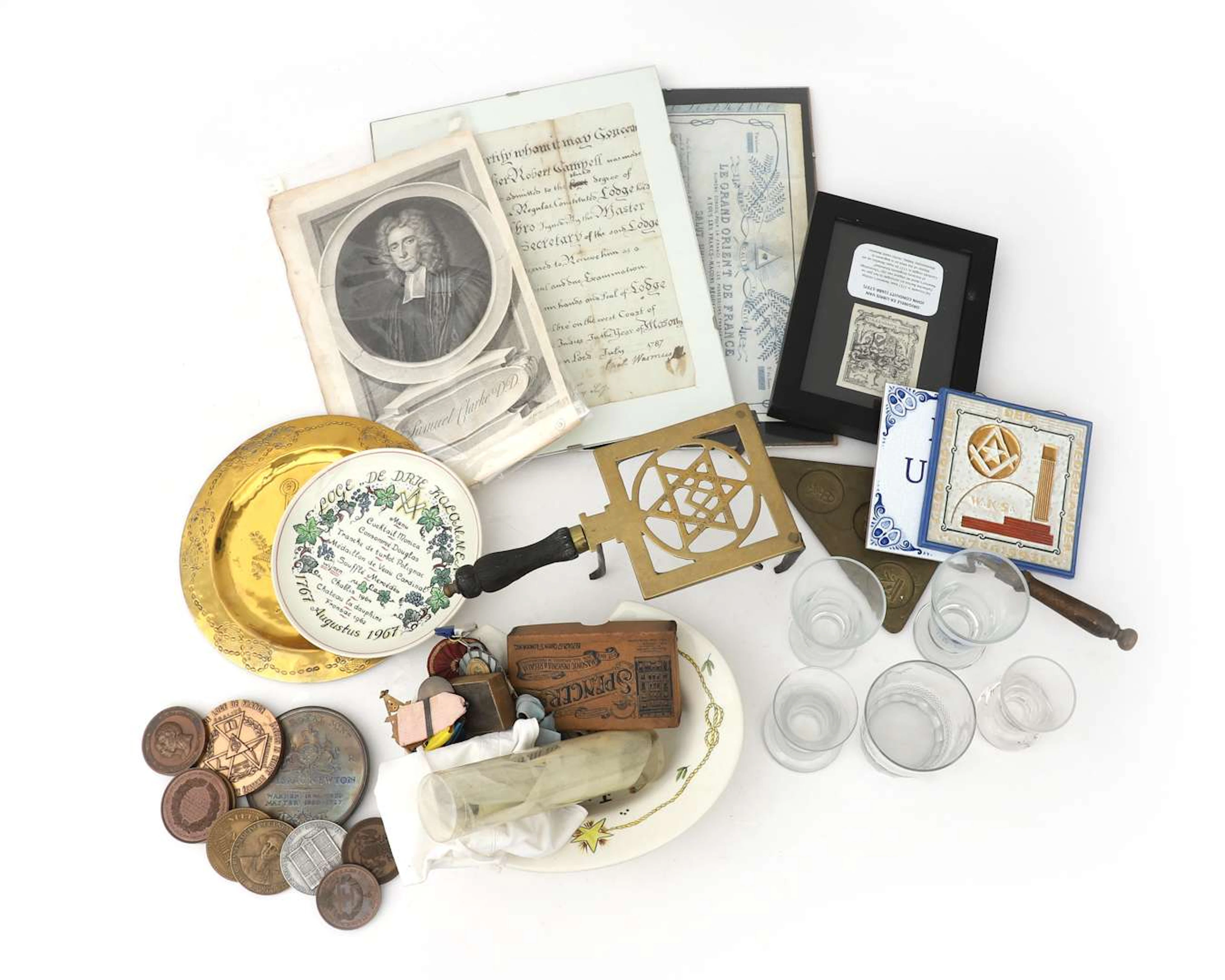 A collection of regalia and other Masonic artefacts
