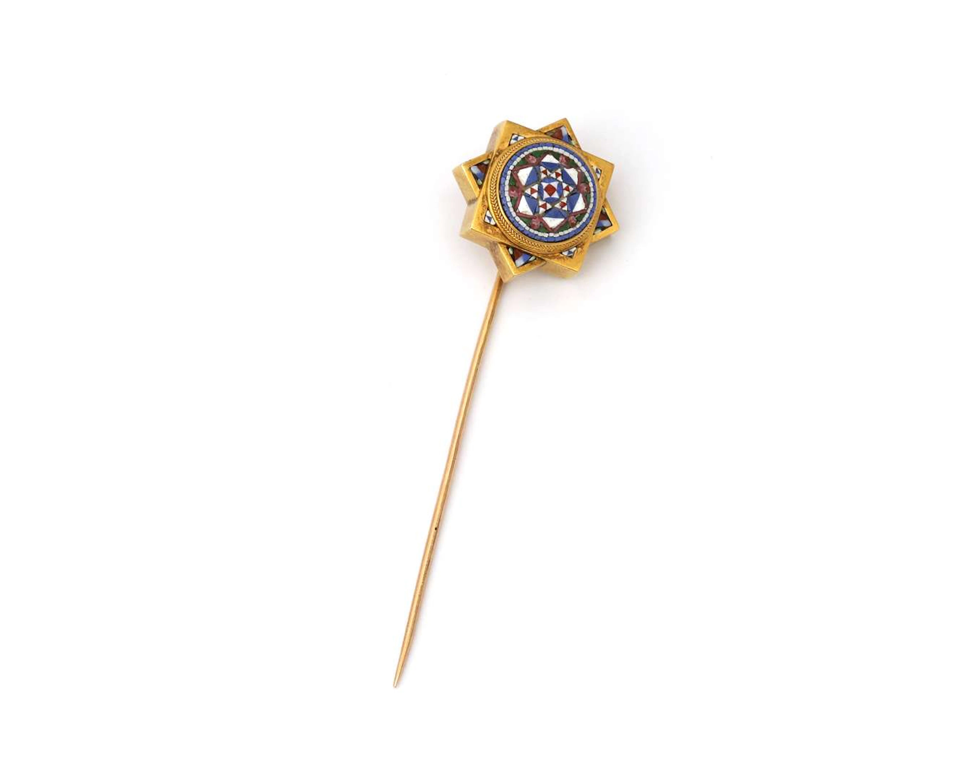 An 18k yellow gold Etruscan Revival lapel pin with micro-mosaic, late