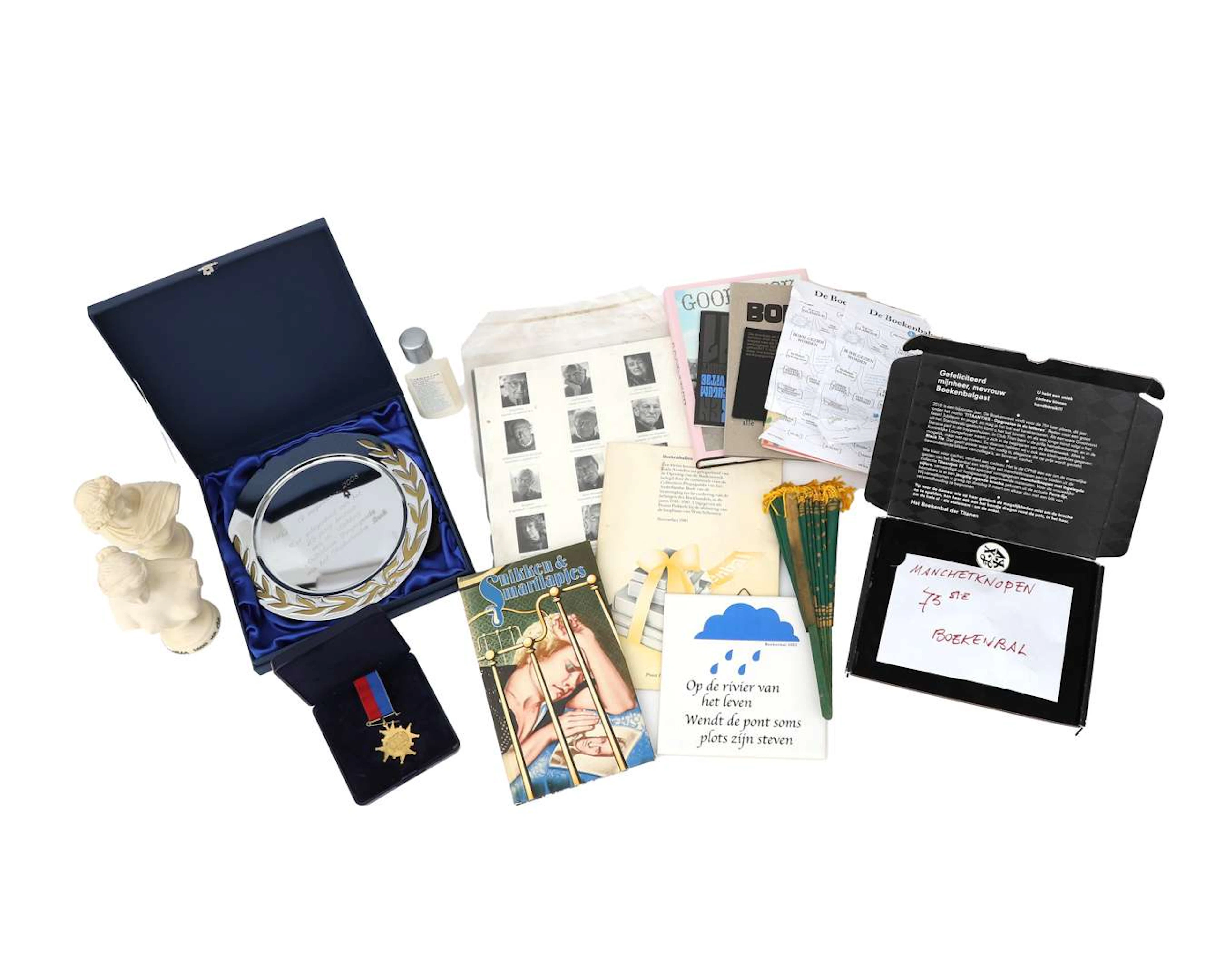 Collection of memorabilia (figurines, cufflinks, tiles with inscriptions