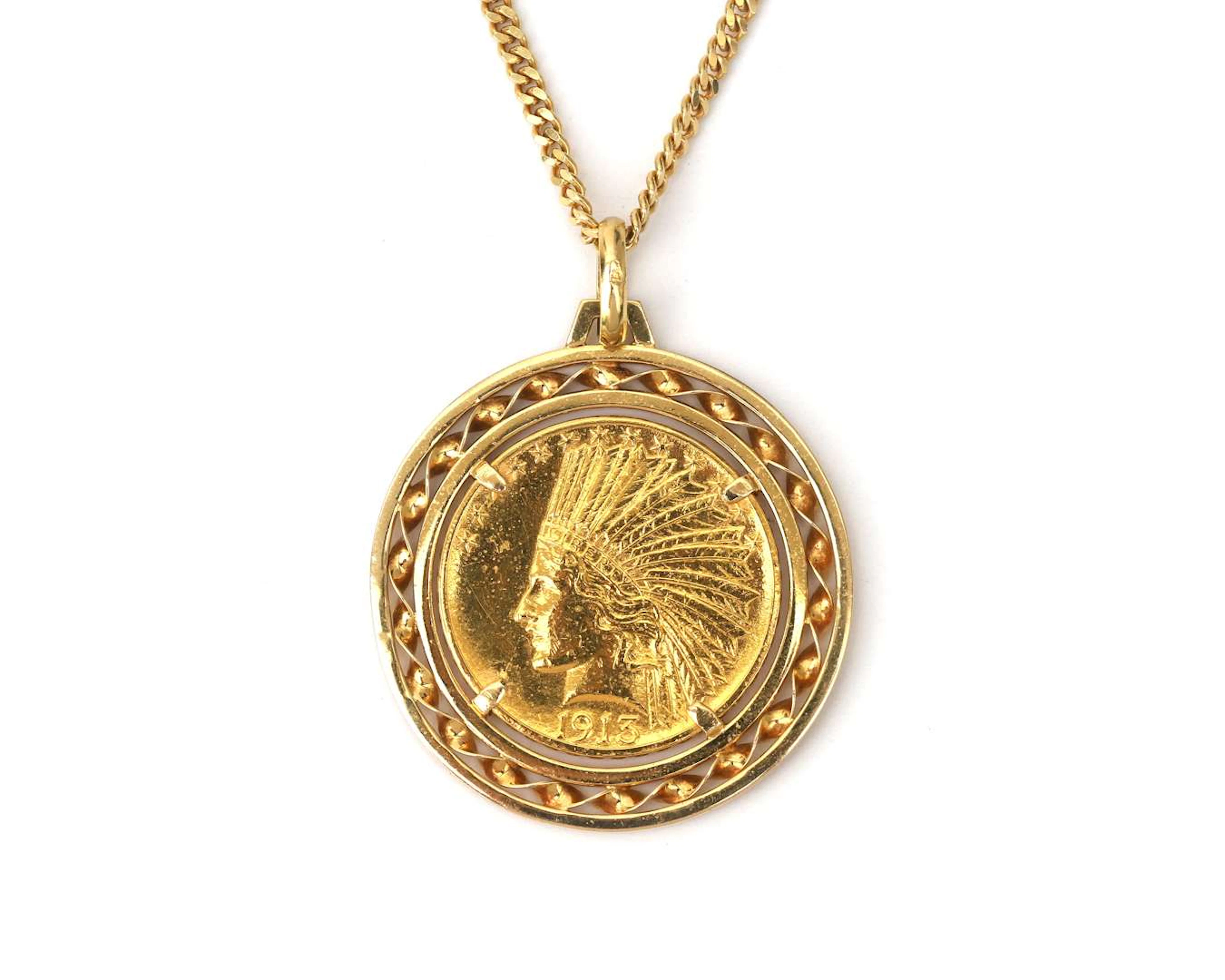 An 18k yellow gold gourmet necklace with a 1913 $10 coin