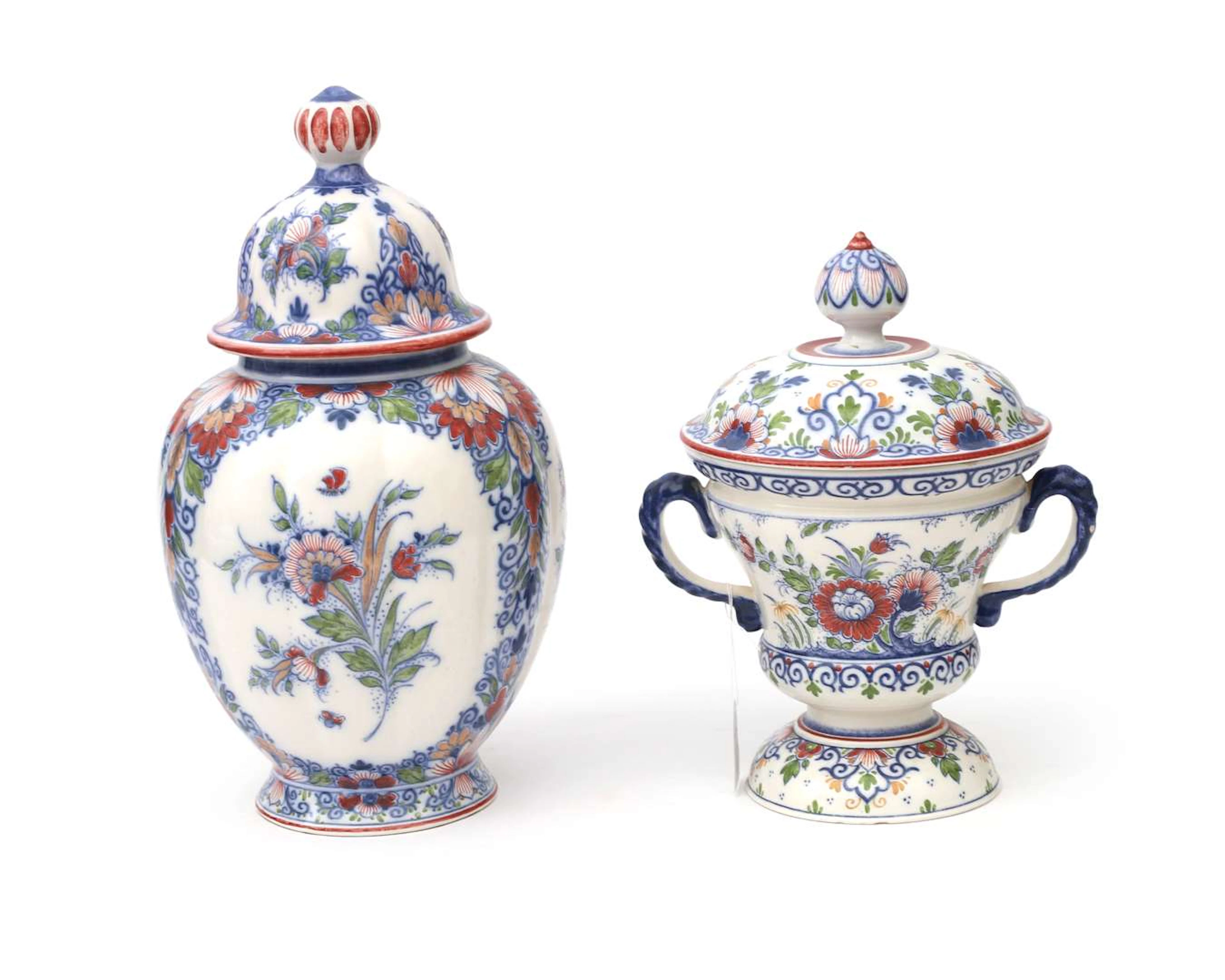 Two polychrome earthenware lidded vases, Zenith, Gouda, Holland, 20th century