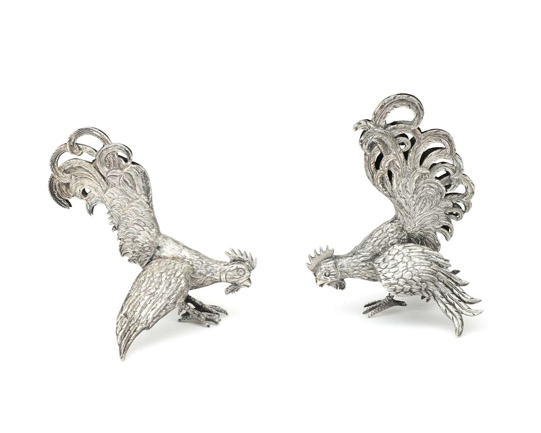 Two silver table roosters, probably from Germany, 20th century