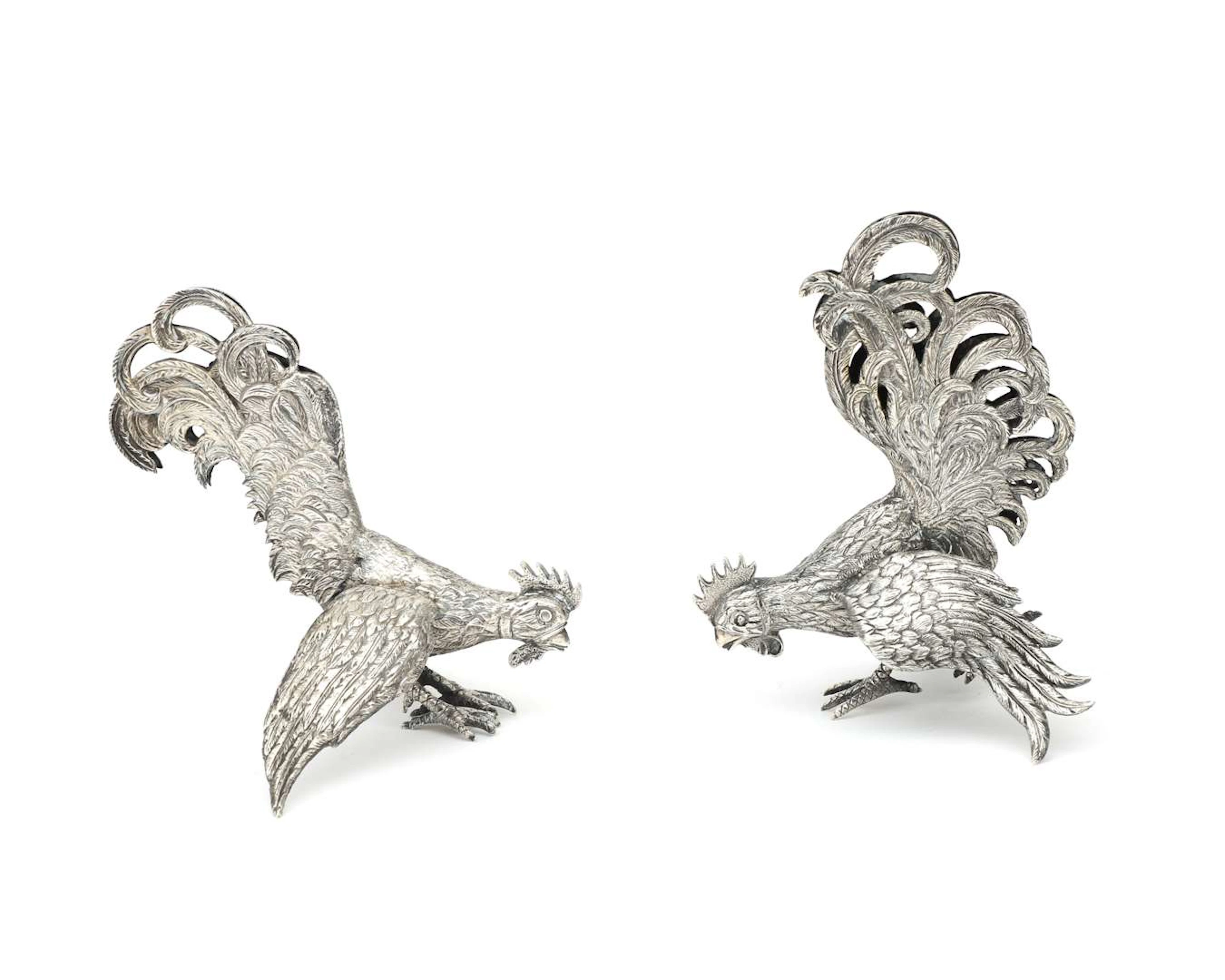 Two silver table roosters, probably from Germany, 20th century