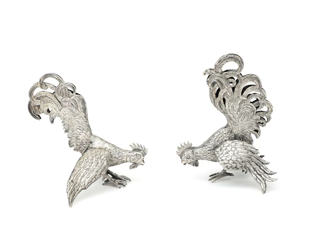 Two silver table roosters, probably from Germany, 20th century