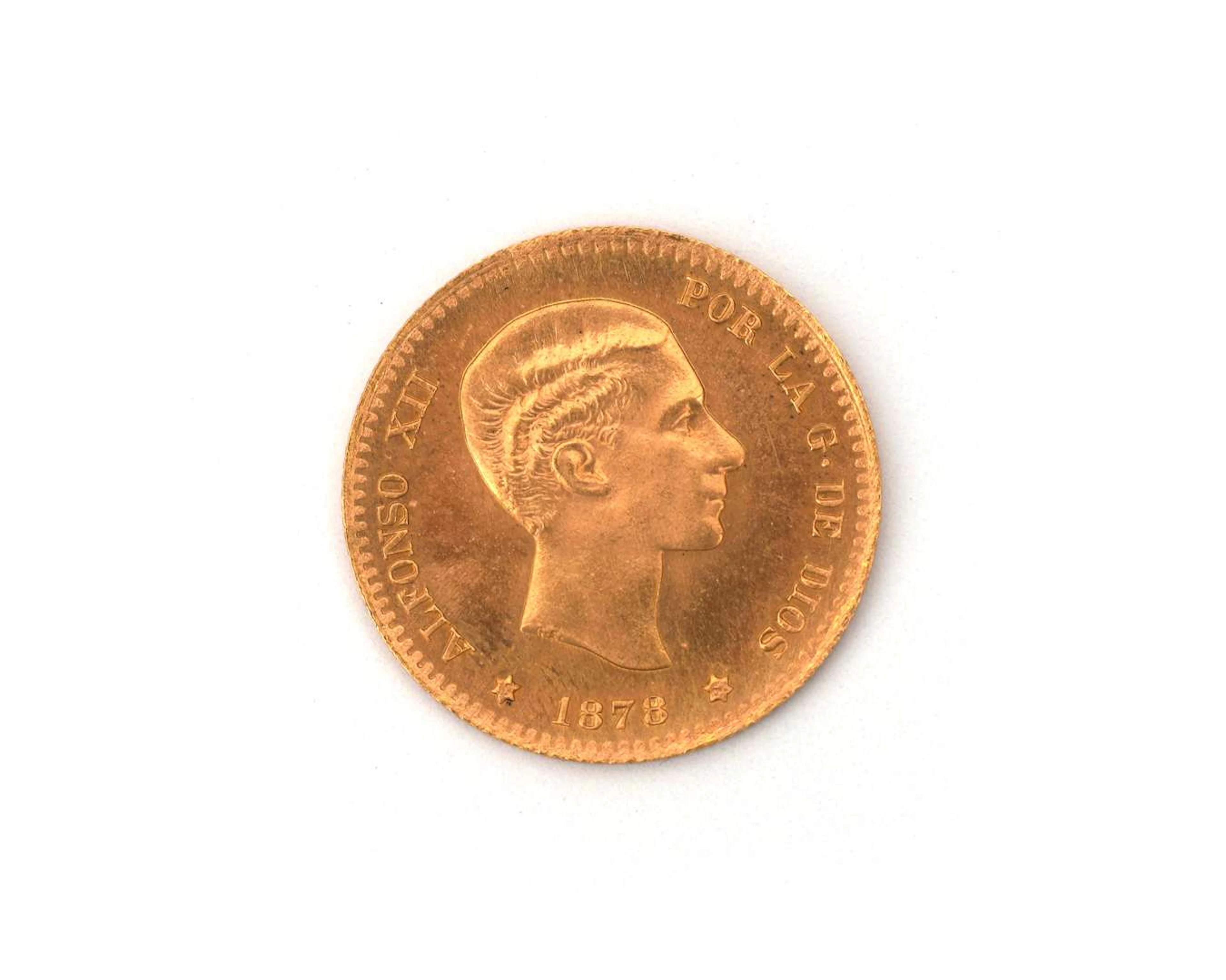 A gold coin, ten pesetas, King Alfonso XII, Spain, 1878