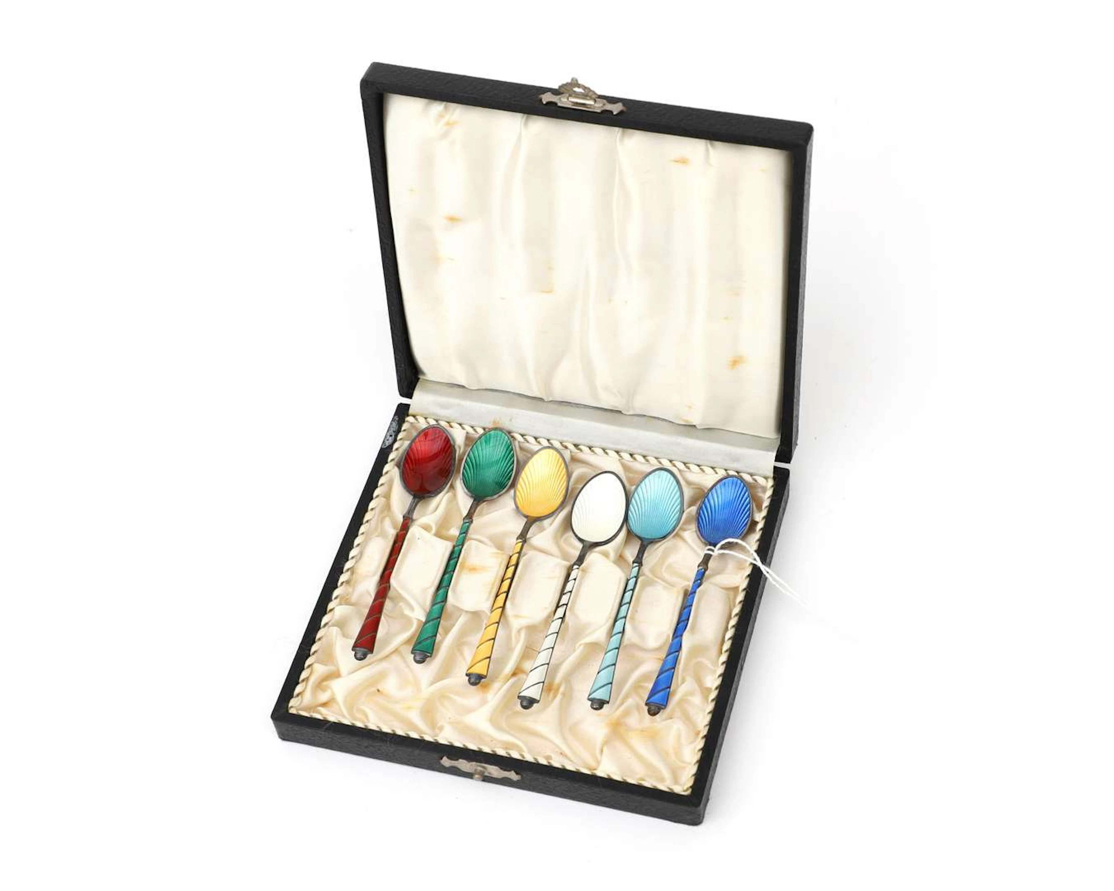 Six first-grade enamelled silver teaspoons in a case, Egon Lauridsen