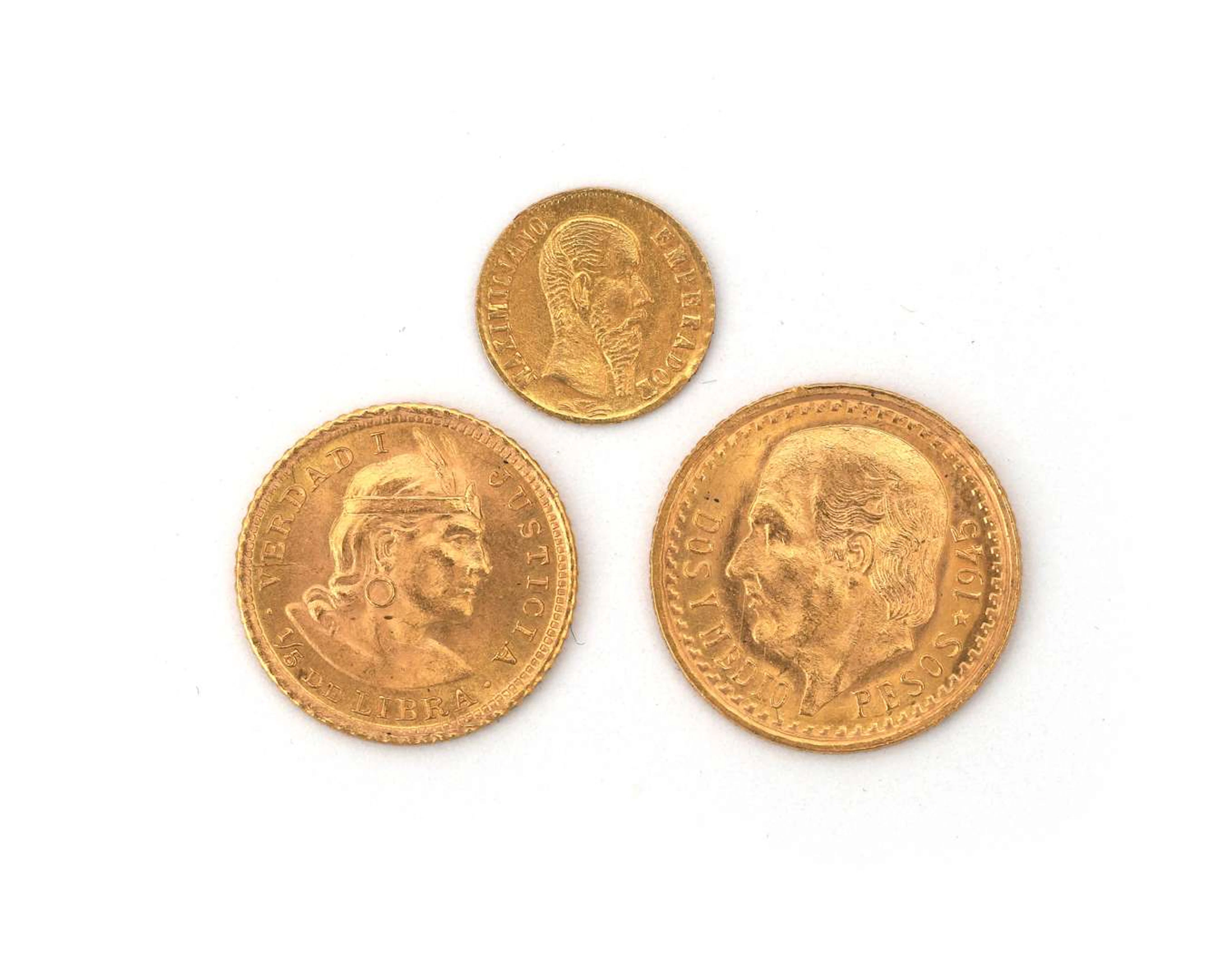 Three gold coins, various denominations, Mexico and Peru, 19th century