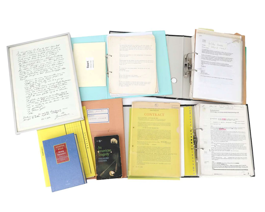 Folder containing publishing contracts, some signed by Reve and others