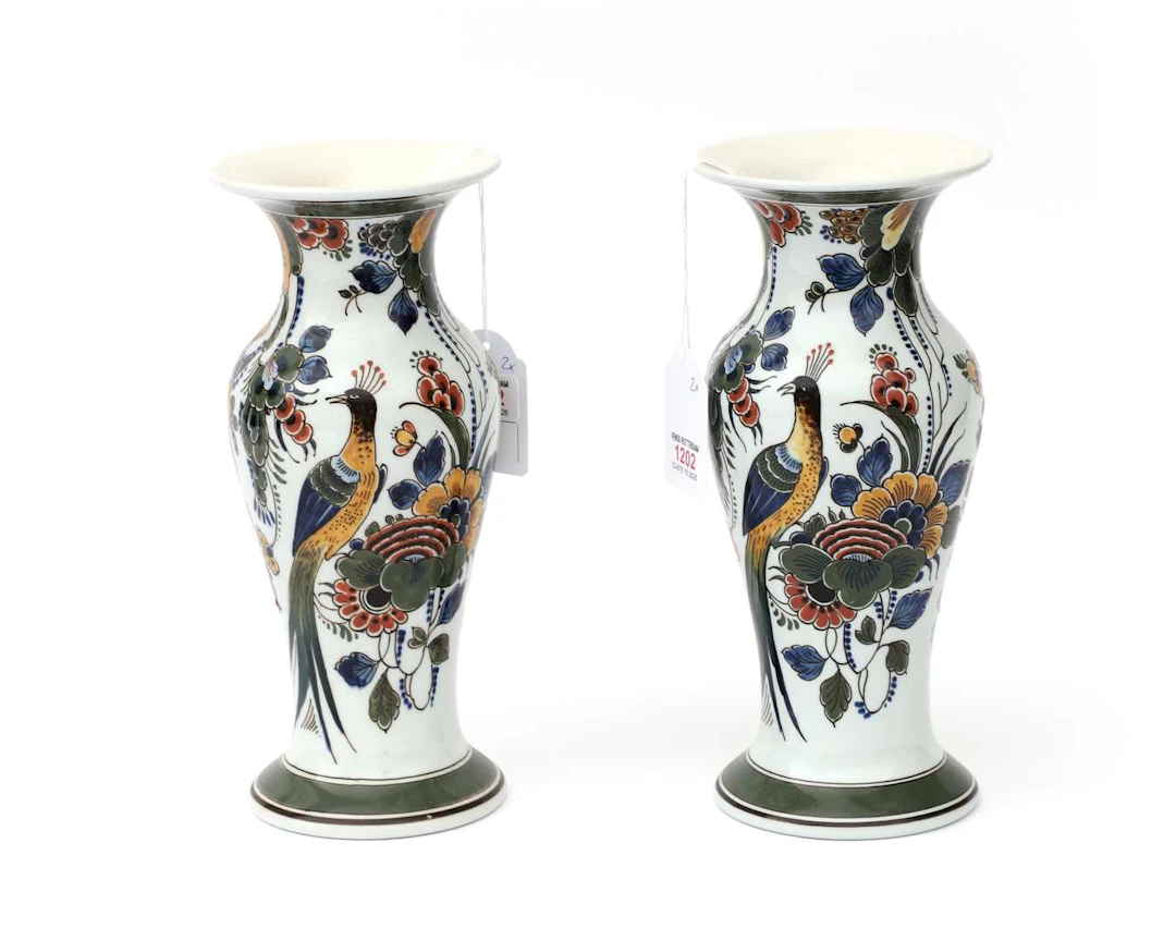 Two polychrome vases with peacocks, De Porceleyne Fles, Delft, Holland
