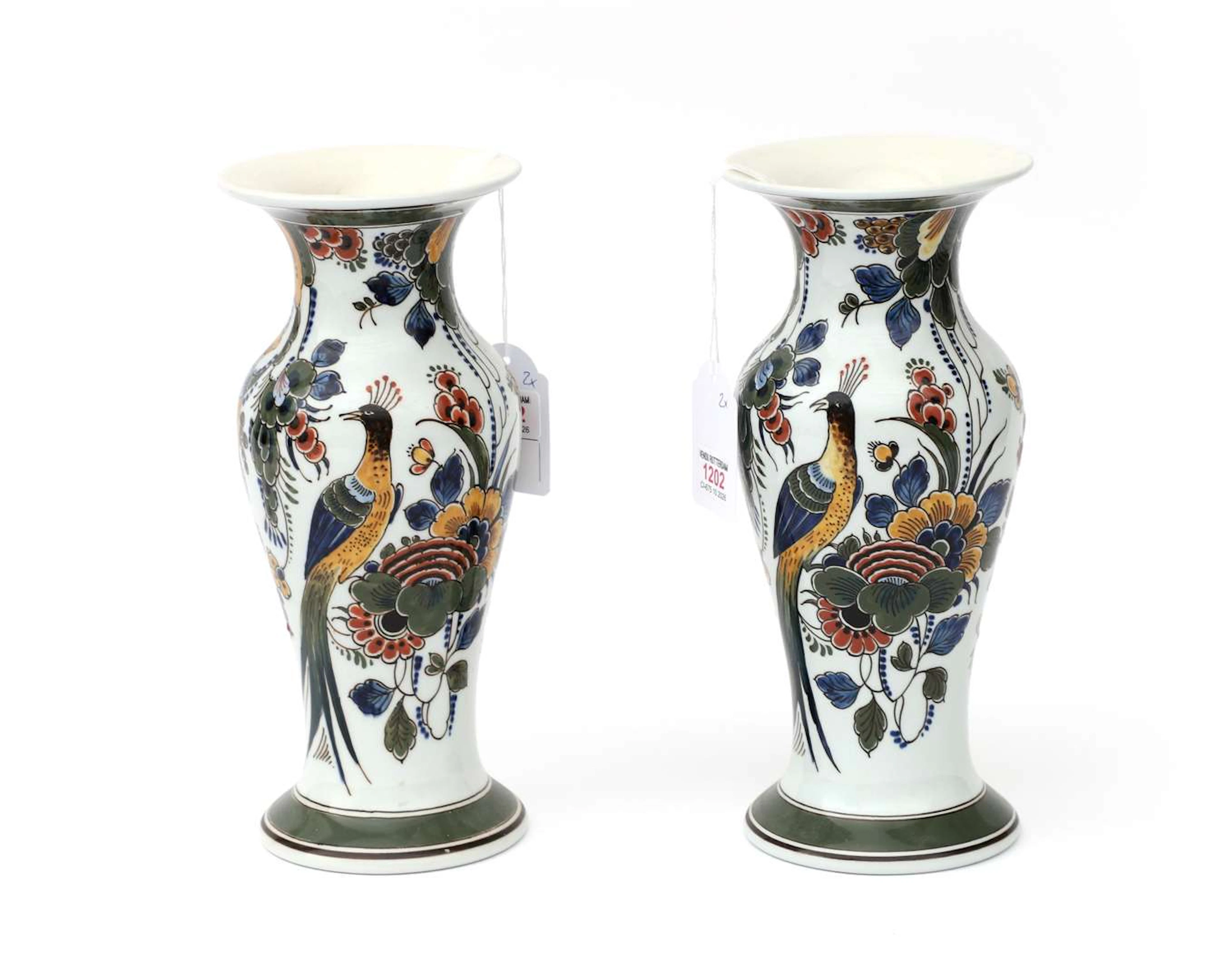 Two polychrome vases with peacocks, De Porceleyne Fles, Delft, Holland