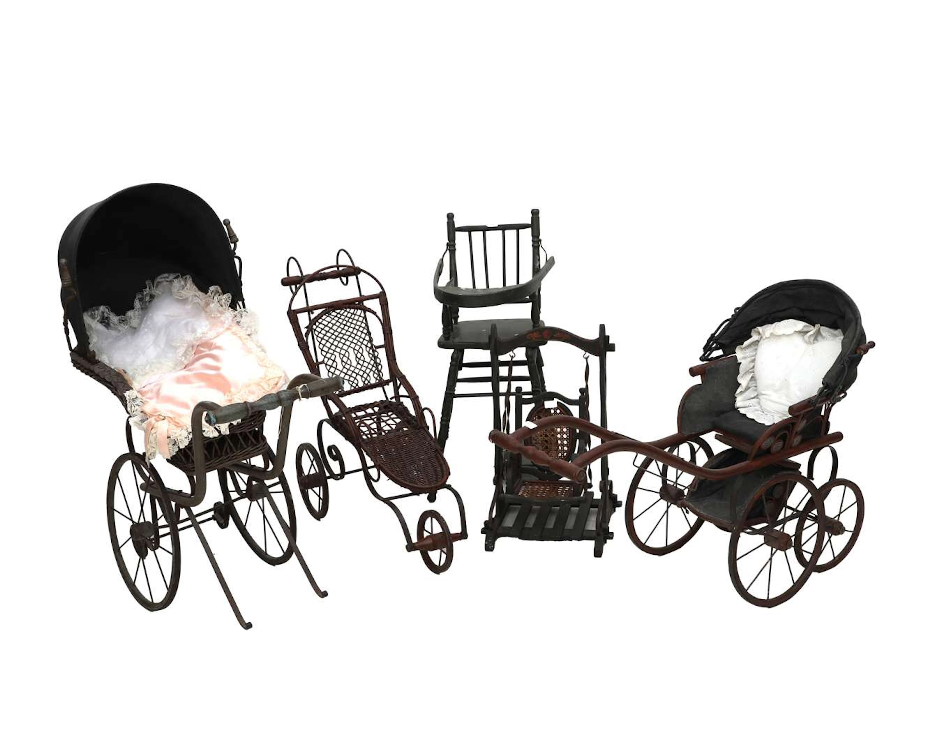 Three different doll’s prams, a rocking chair and (5)