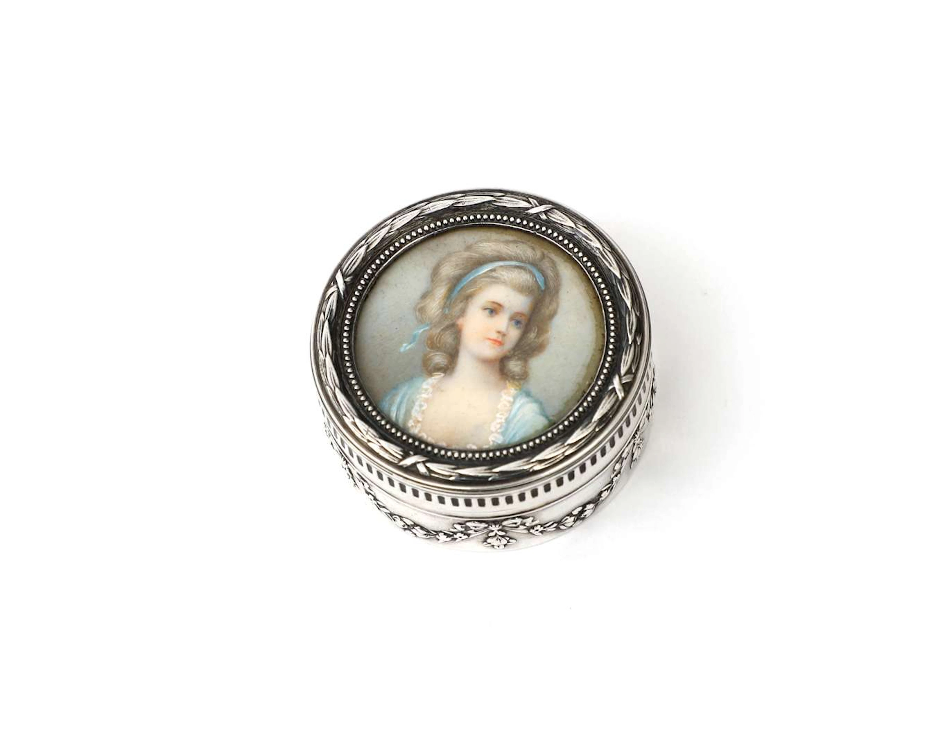 A silver lidded box with a miniature portrait of Countess Sophie Potocka