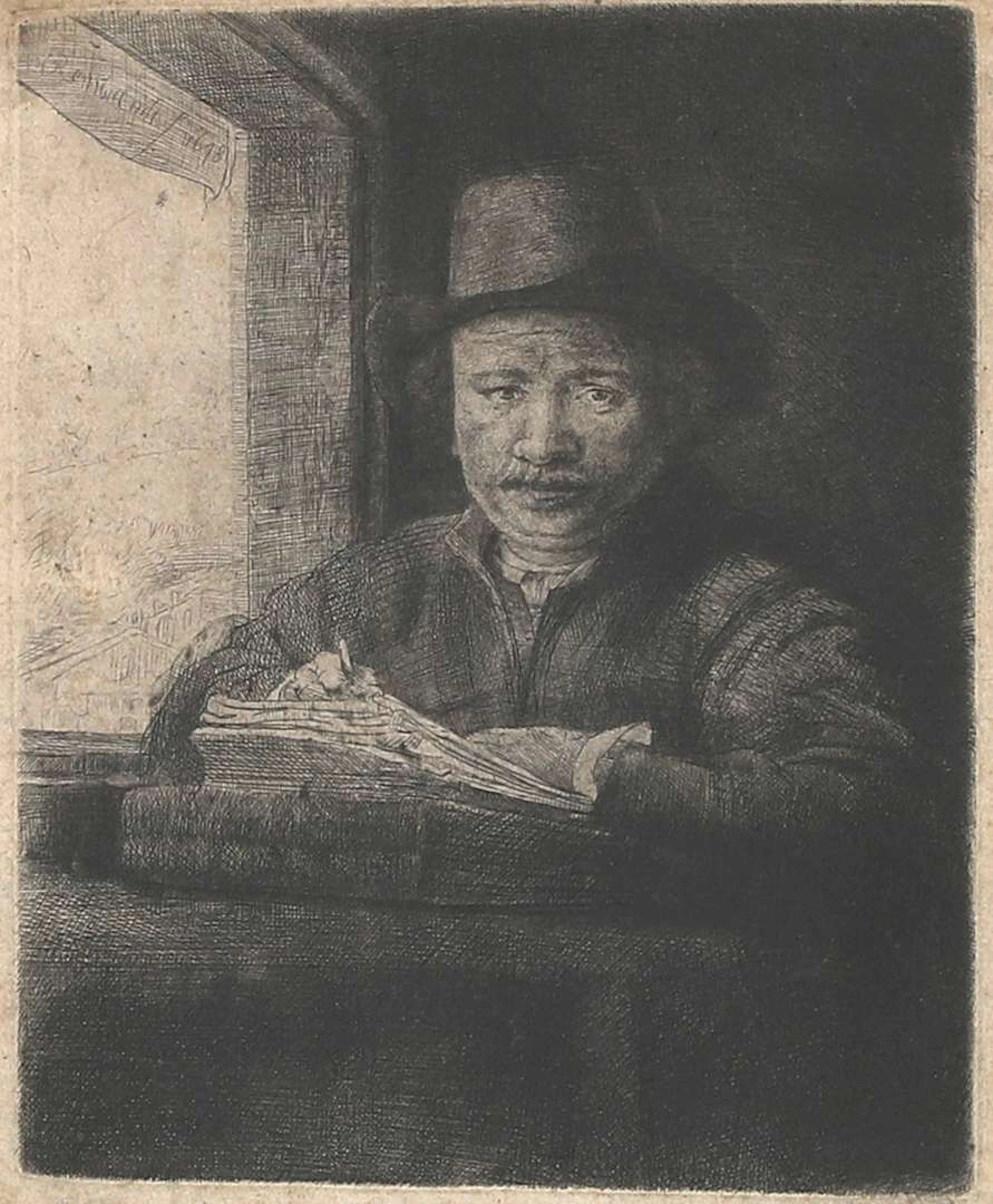 Rembrandt van Rijn (1606–1669), Self-Portrait Etching by a Window