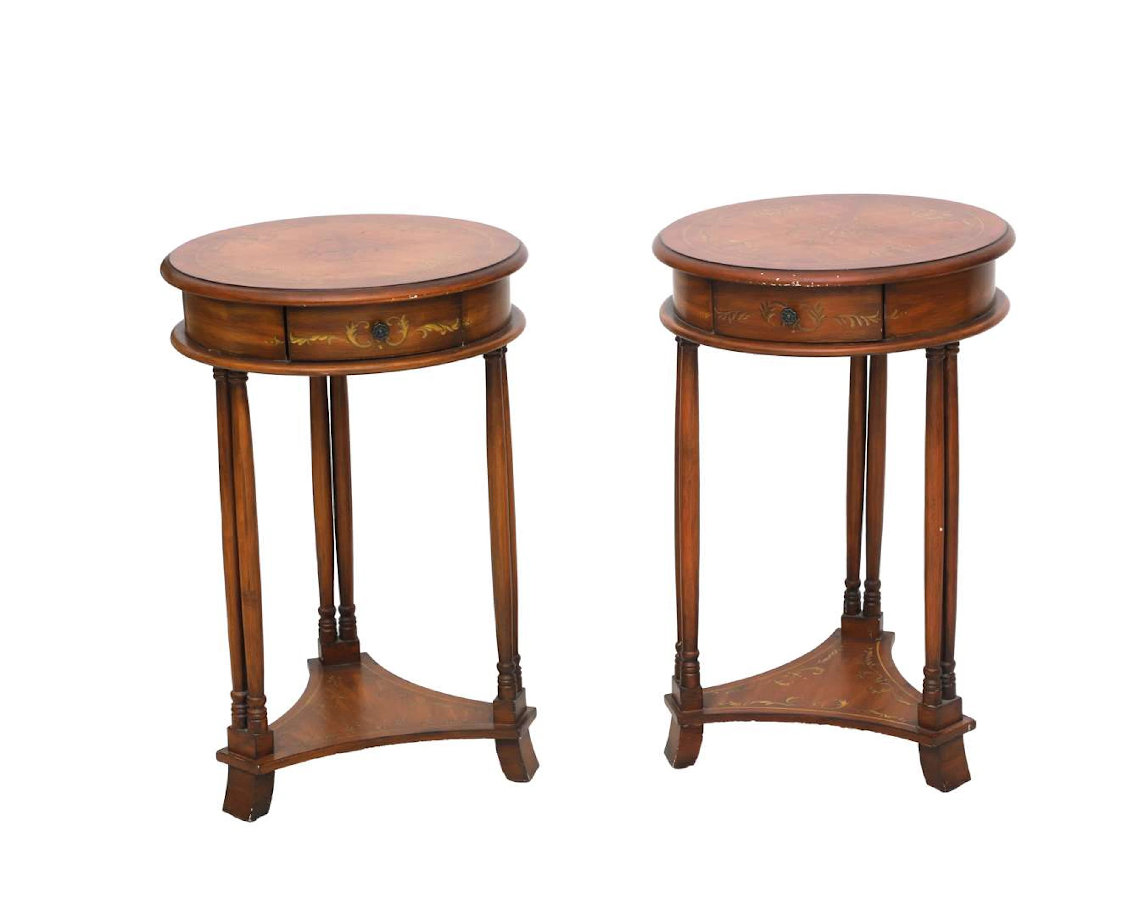 A pair of round wooden side tables, 20th century