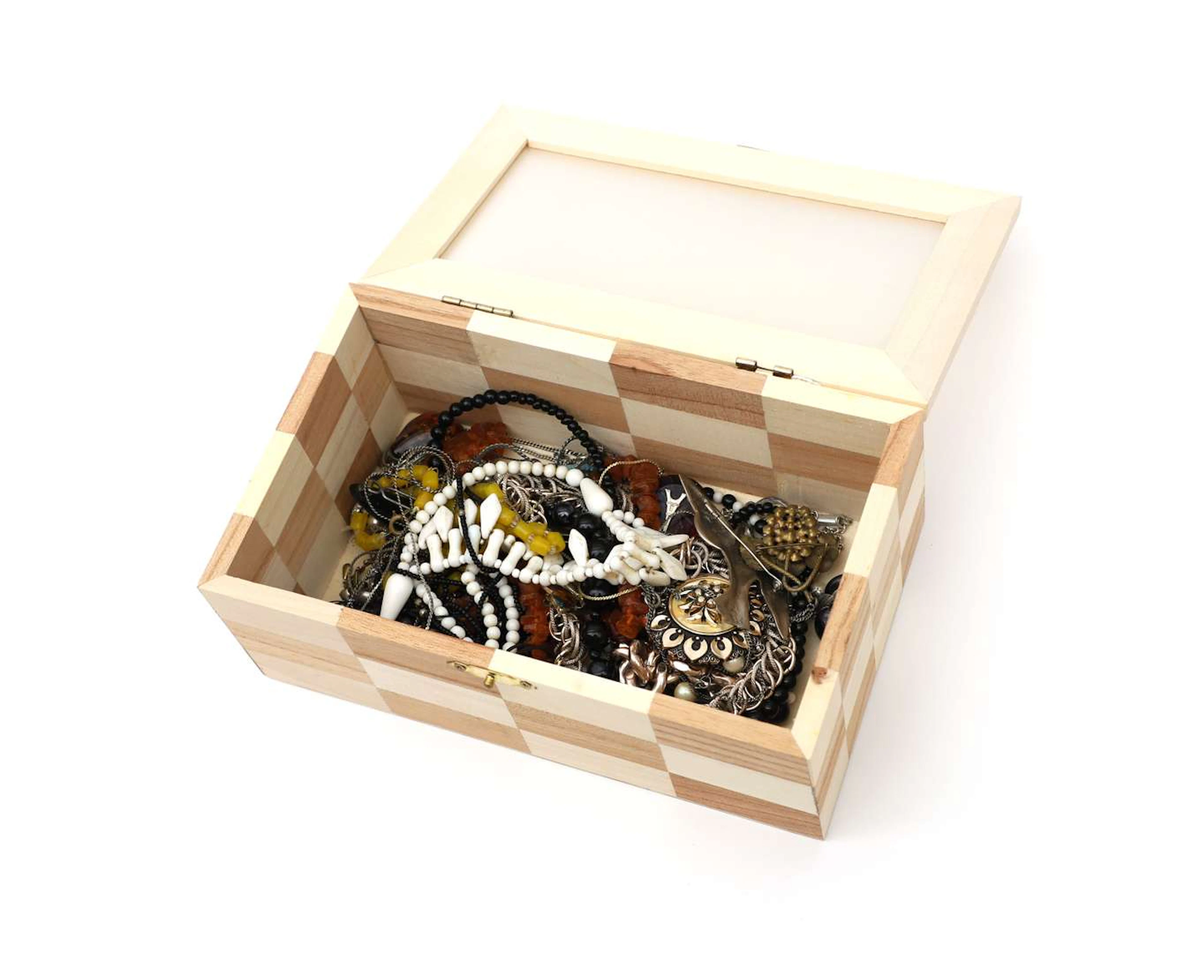 A box of costume jewellery, including a sterling silver necklace