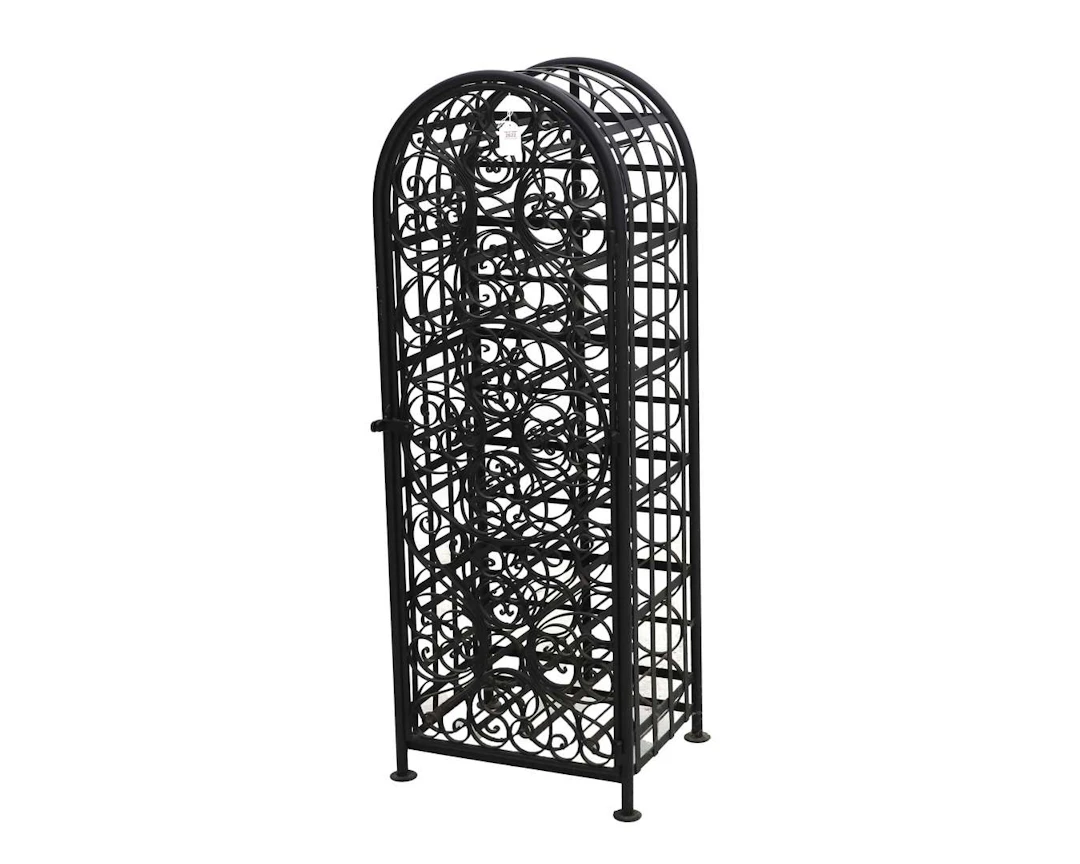 An iron wine rack with a door, 20th century