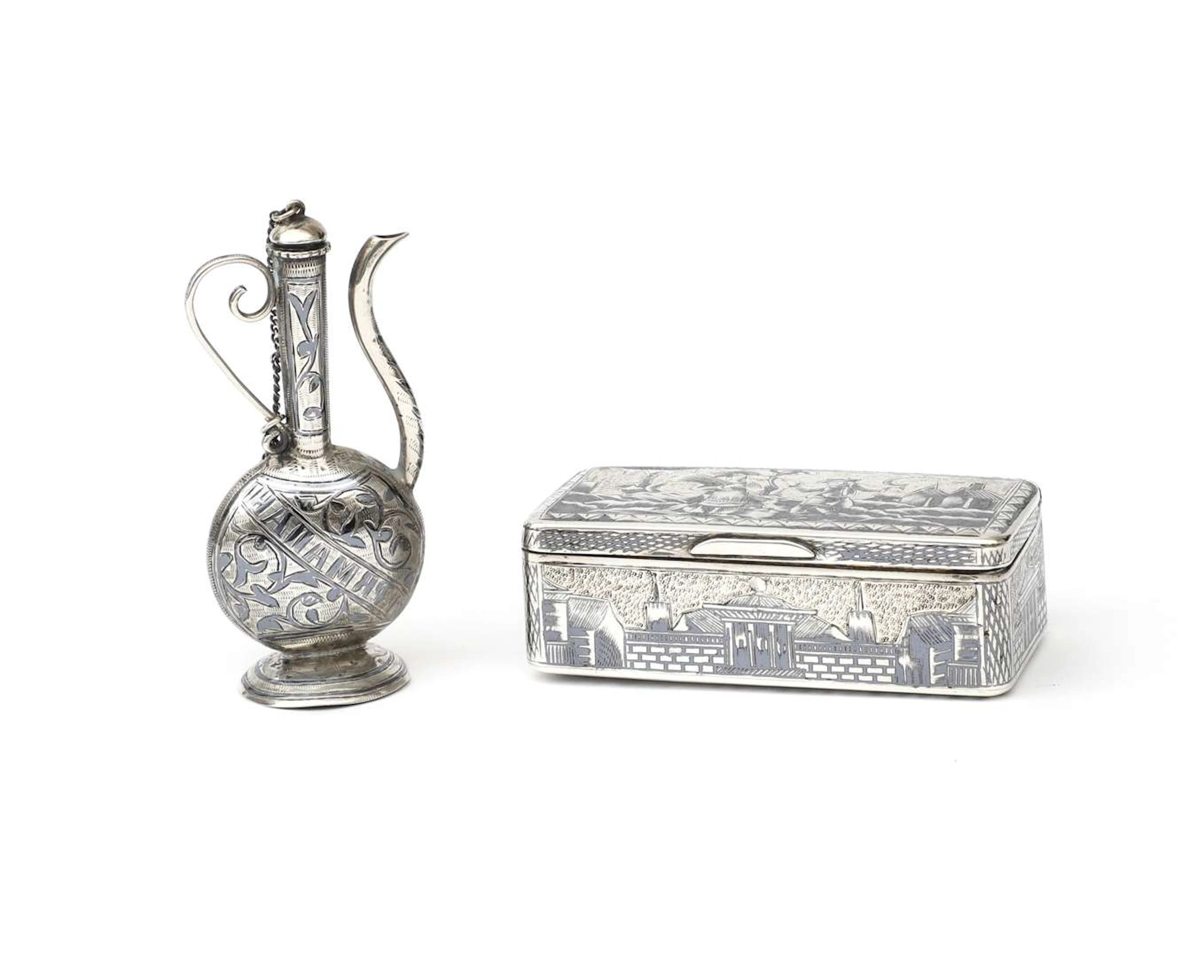 A silver lidded box and miniature casket, Russia, 20th century