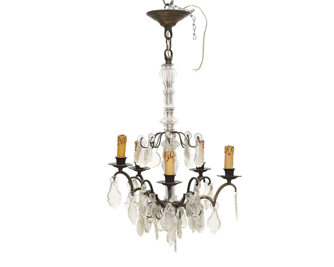 A five-light pendant lamp with a glass and metal shade. 20th century