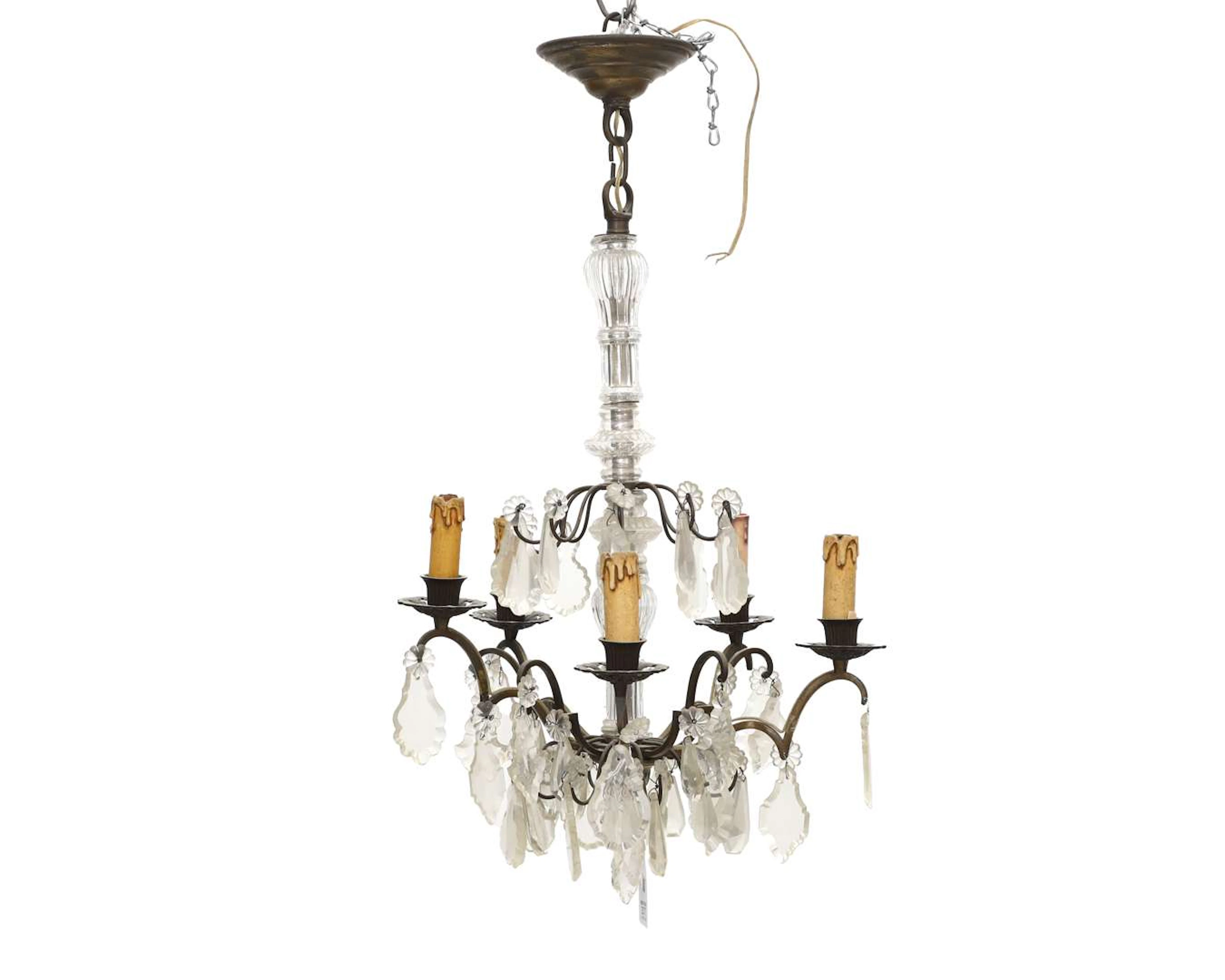 A five-light pendant lamp with a glass and metal shade. 20th century