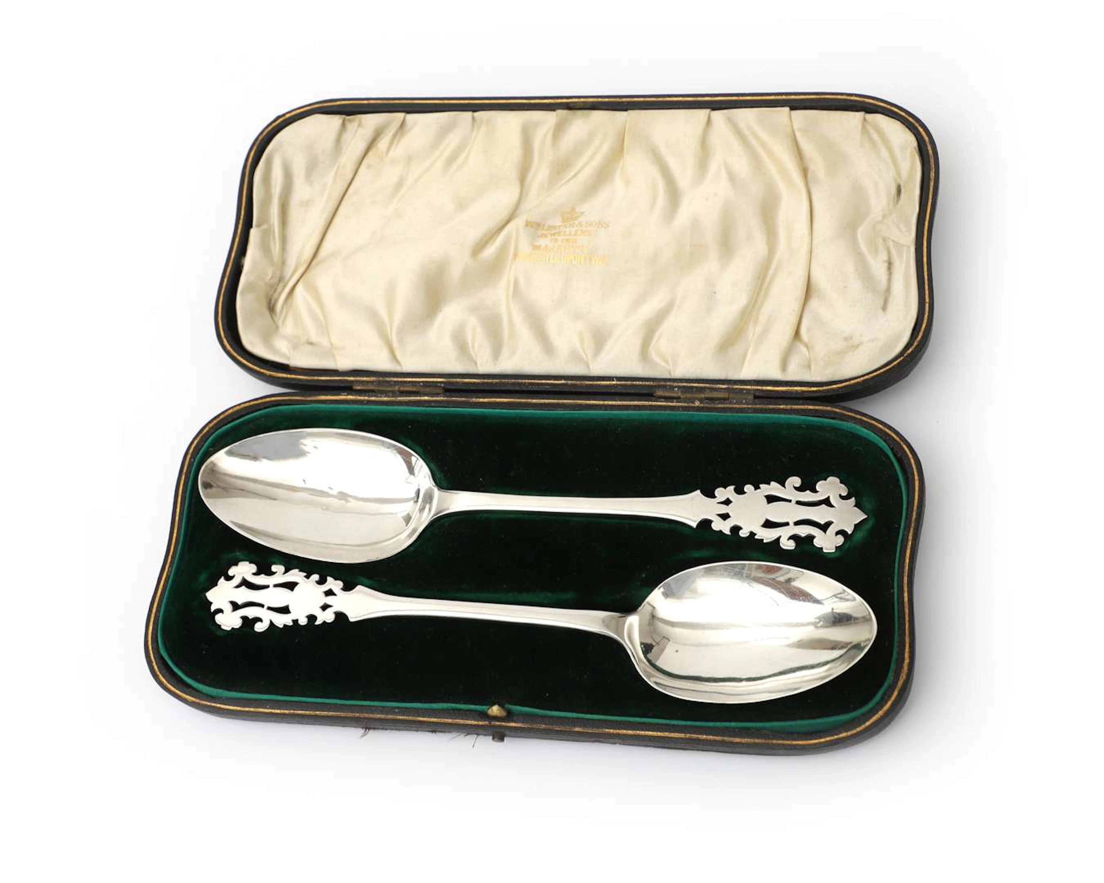 Two silver spoons in a case, England, London and Edinburgh, 1821 and 1846
