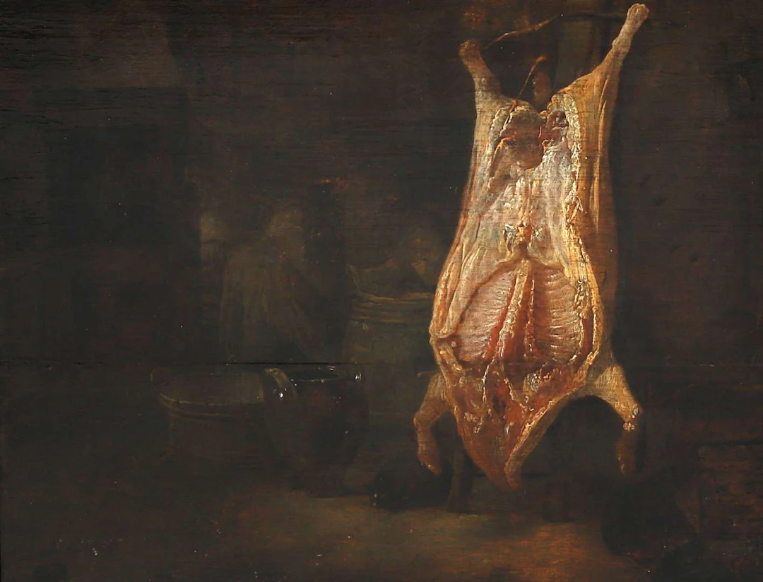Hendrik Maertensz Sorgh (c.1611–1670), Slaughtered Pig with a Young