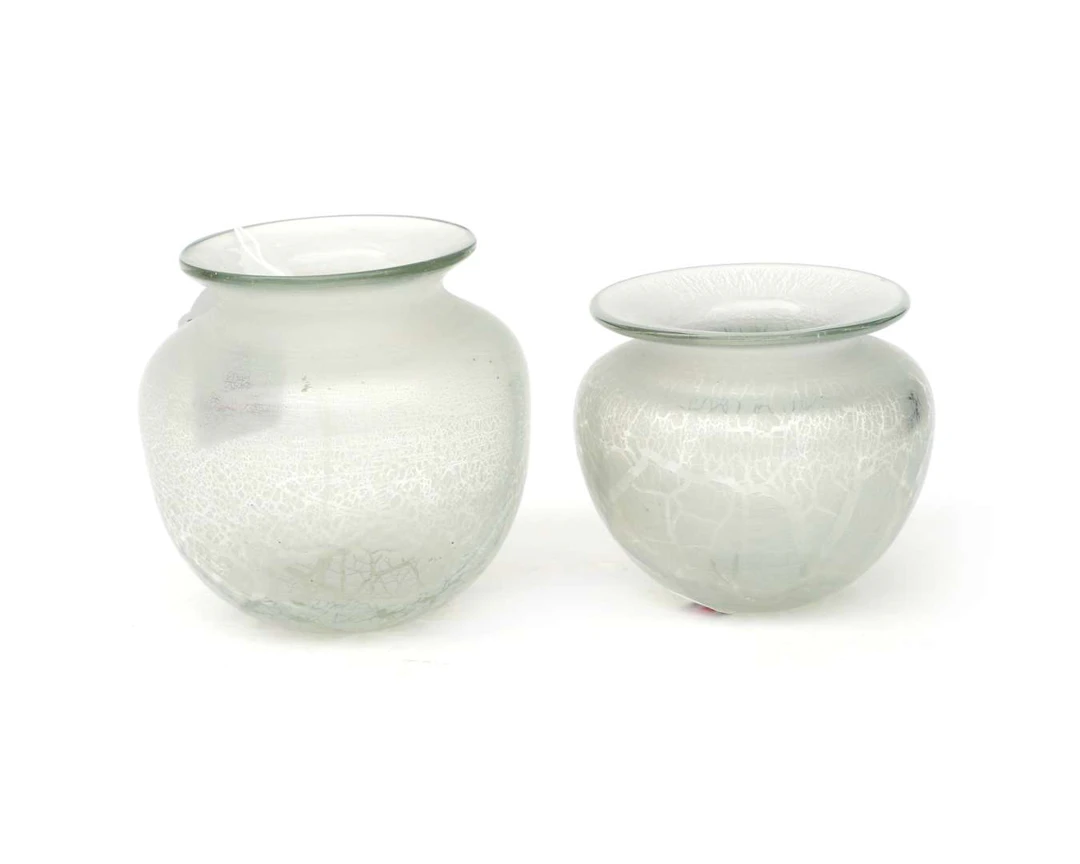 Two small vases of different designs with a crackled tin finish. W.J.
