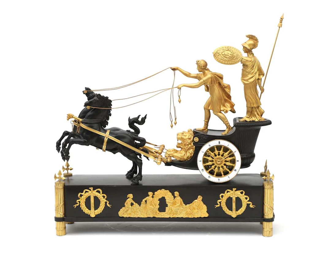 A bronze empire mantle clock, 'Chariot of Telemachus', attributed