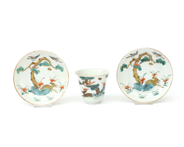 A porcelain ‘Monkey and Deer’ cup and two saucers, China, Xianfeng
