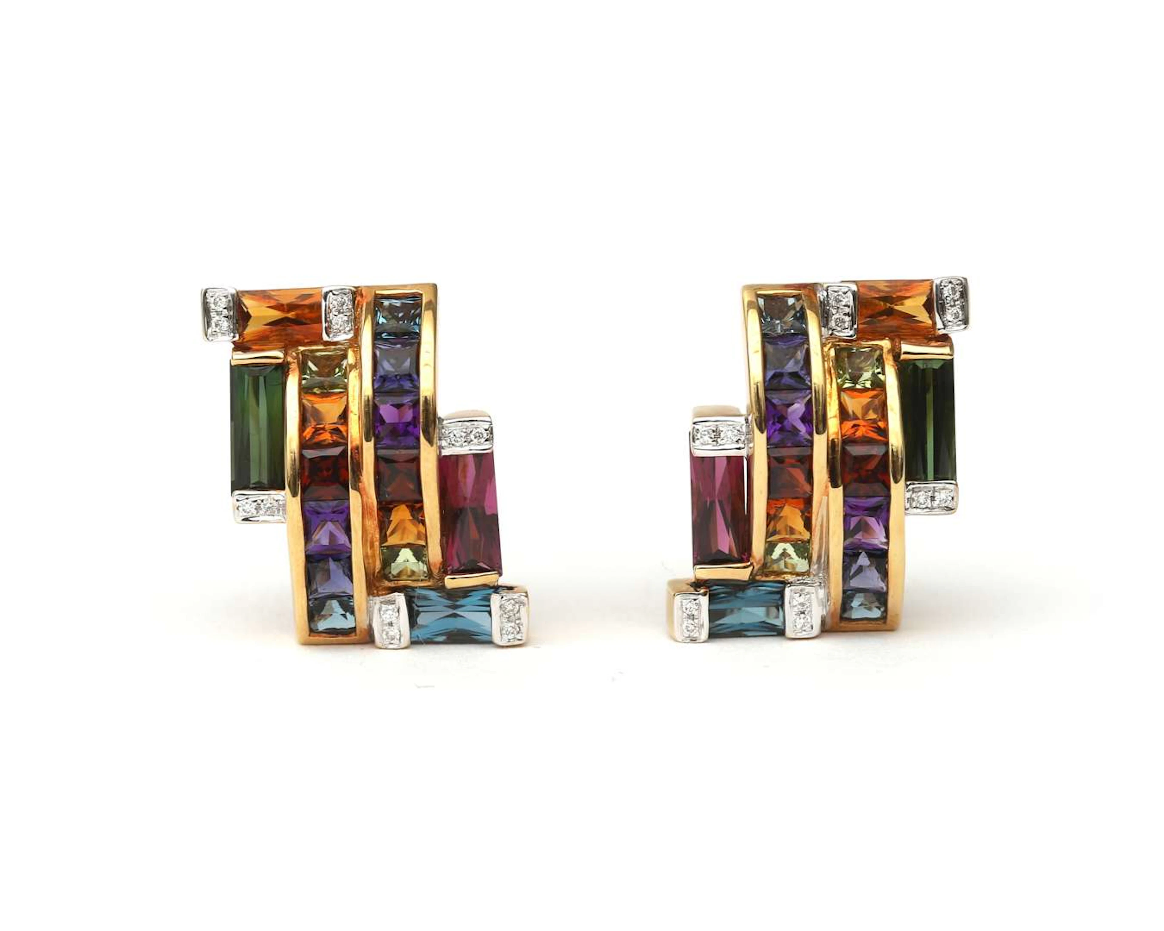 A pair of 18k yellow gold Bellarri earrings set with various gemstones